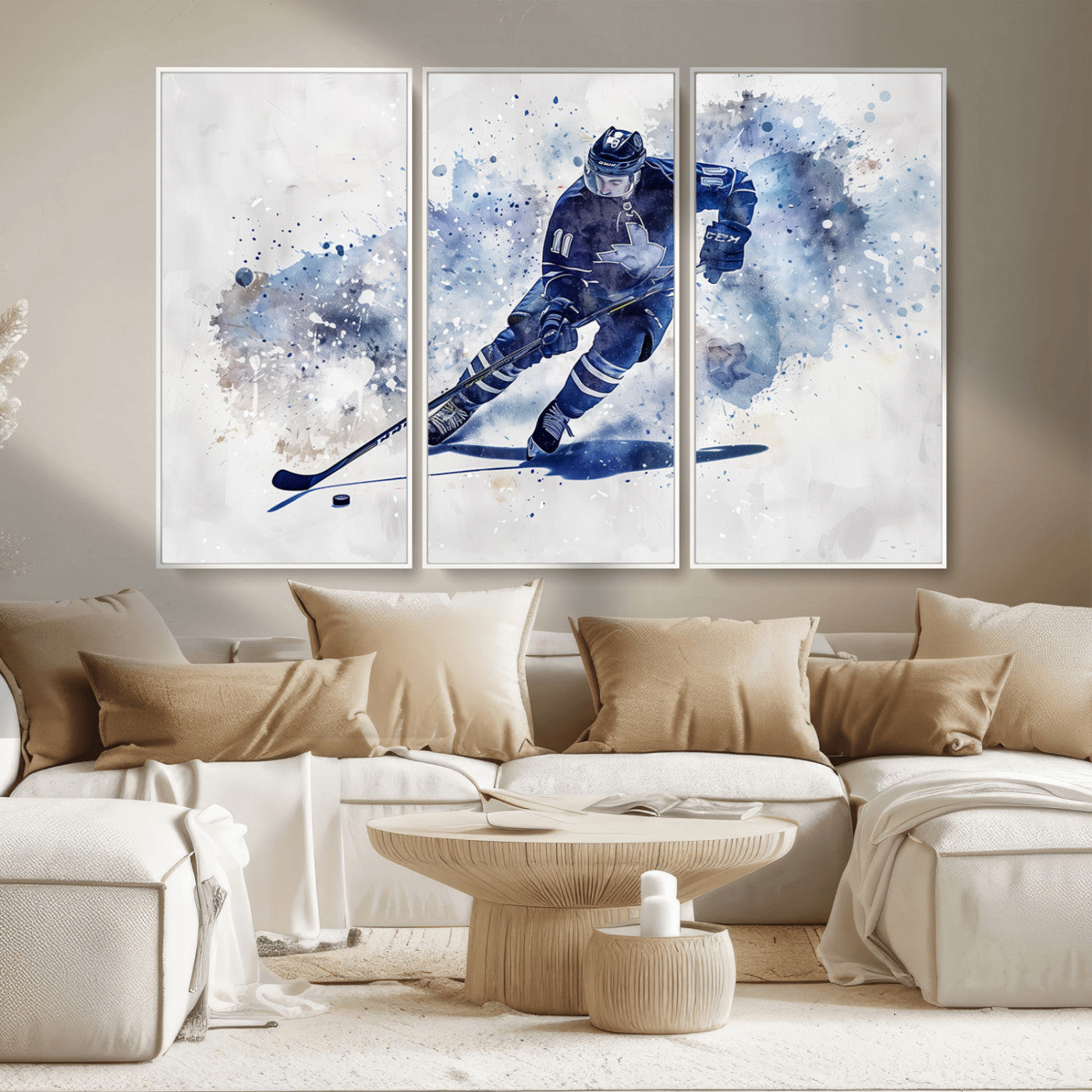 MGV-FC-48X32-3P - Hockey Player Wall Art Canvas Print - Sports-Inspired Watercolor Decor - Ready to Hang