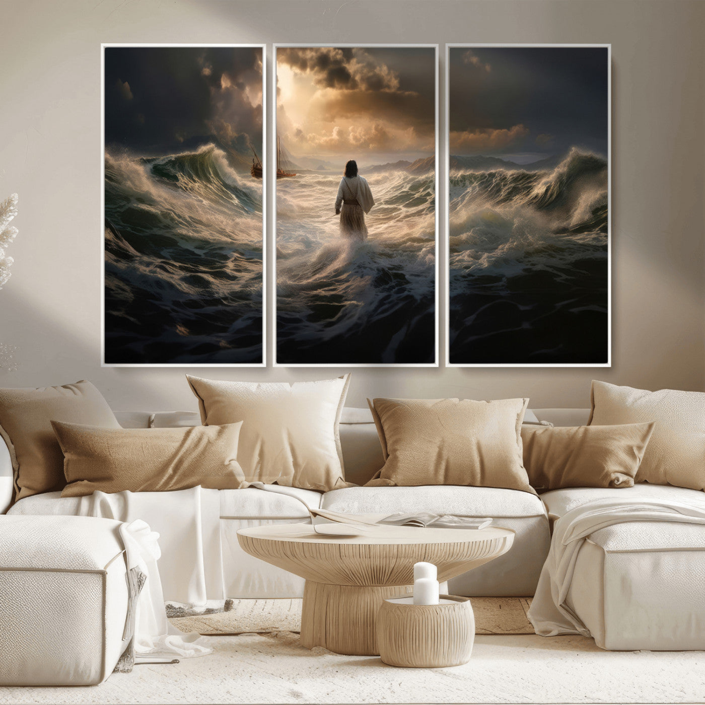 MGV-FC-48X32-3P - Jesus Walking on Water Wall Art Canvas Print - Religious Spiritual Decor - Jesus Wall Art Canvas