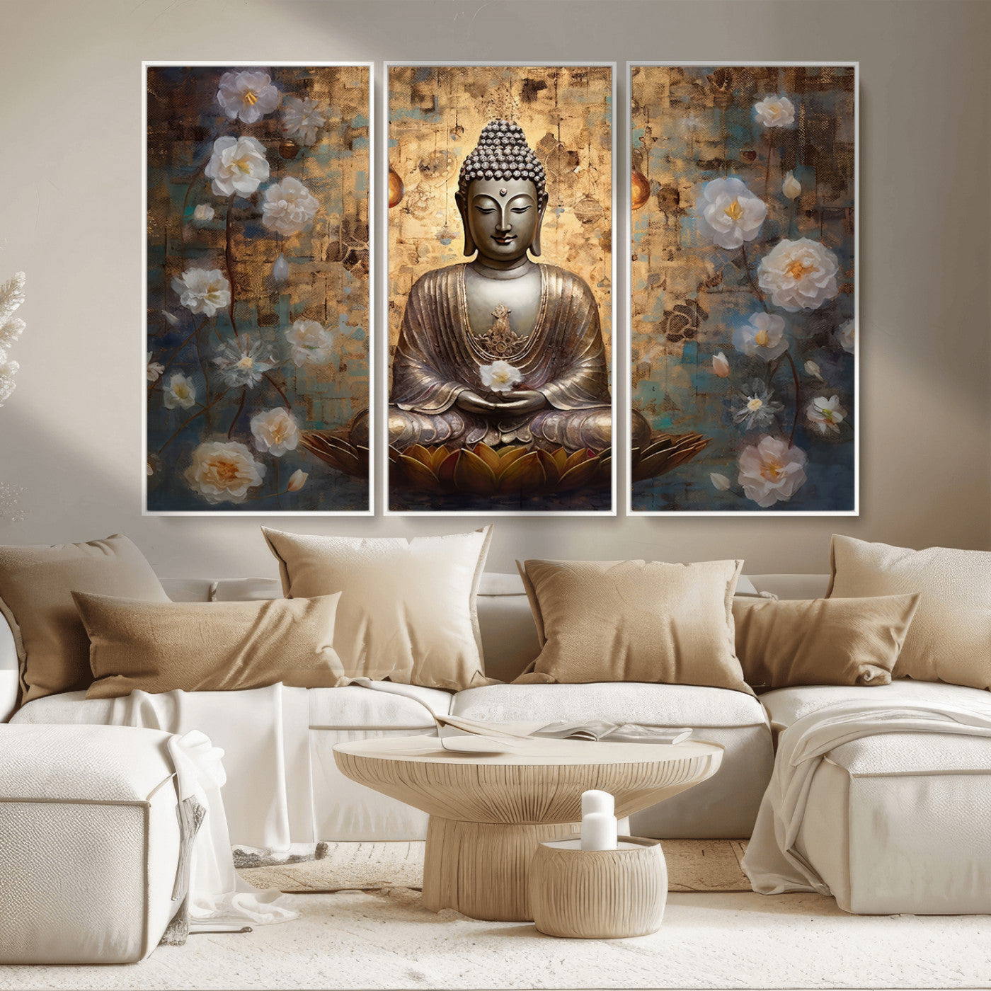 MGV-FC-48X32-3P - Golden Buddha Wall Art Canvas Print | Zen Meditation Floral Decor | Tranquil Spiritual Home Art |