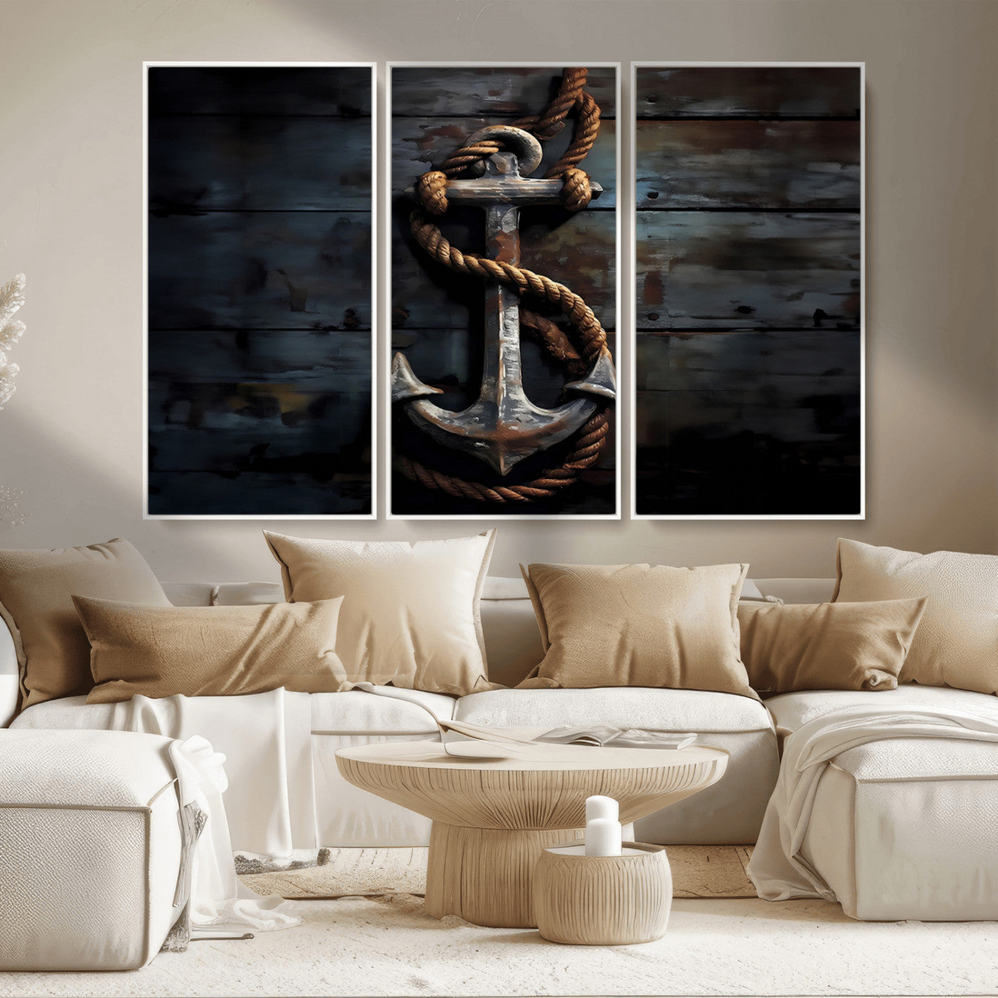 MGV-FC-48X32-3P - 3 Panel Grunge Abstract Anchor Wall Art Canvas Print Set