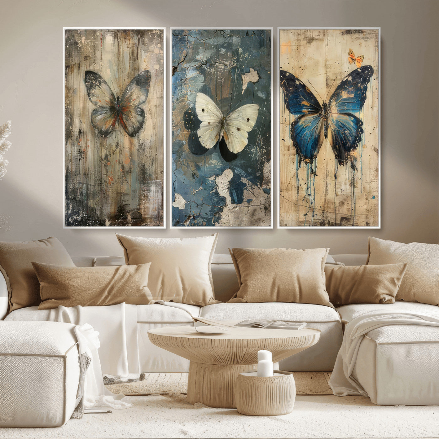 MGV-FC-48X32-3P - Butterfly Wall Art Trio | Vintage Butterfly Canvas Print | Ready to Hang Framed Artwork for