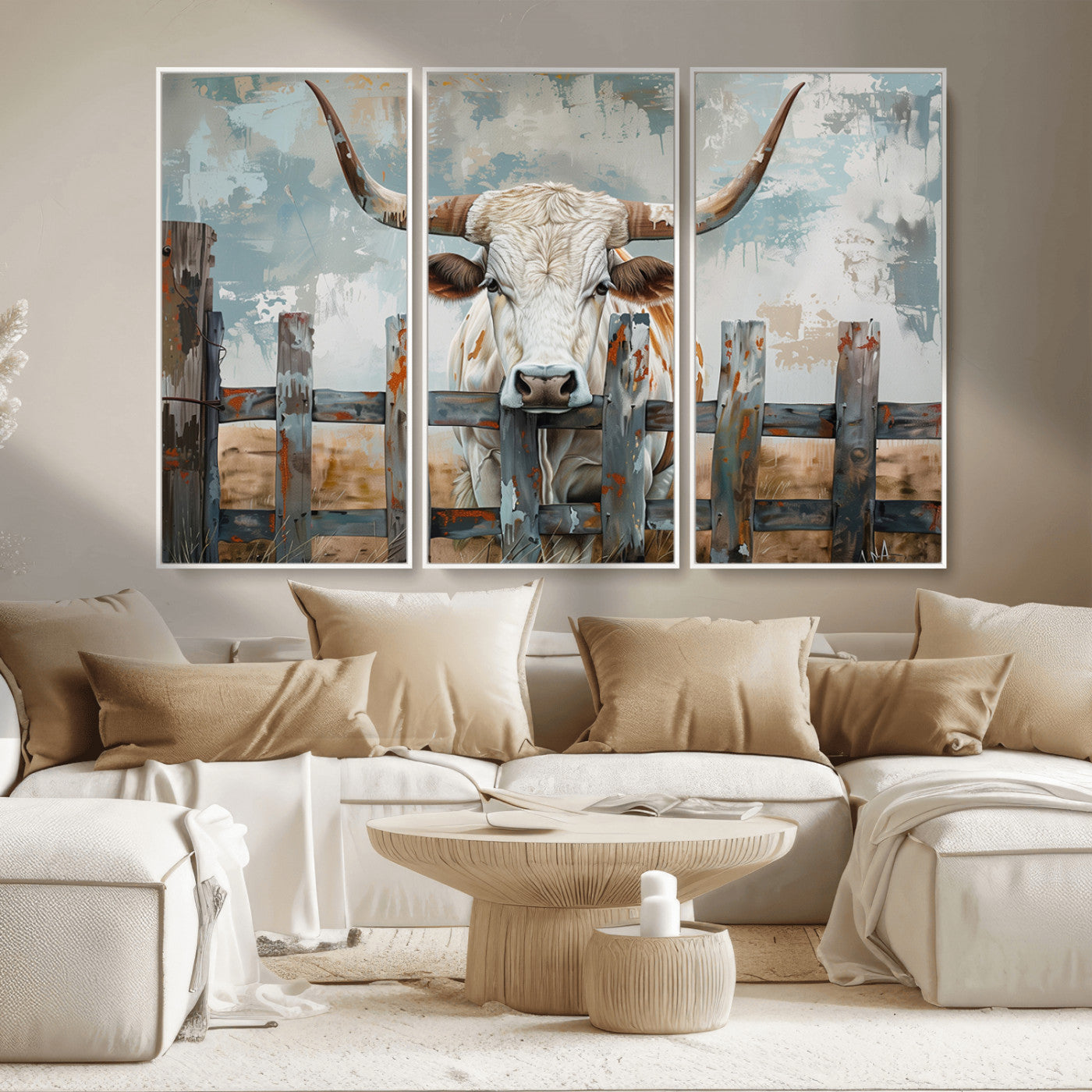 MGV-FC-48X32-3P - Vintage Cow Wall Art Canvas Print for Farmhouse Wall Decor Theme, Cattle Wall Art Print