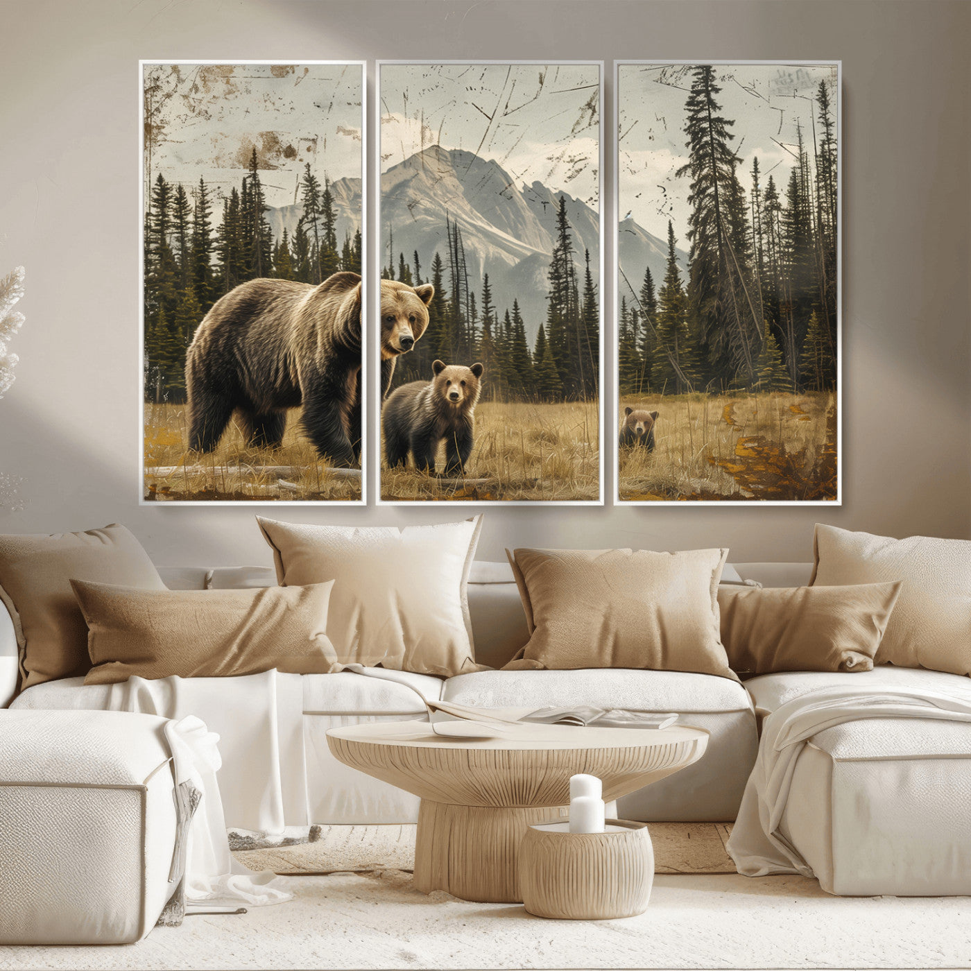 MGV-FC-48X32-3P - Rustic Grizzly 399 Bear Family Wall Art Canvas Print