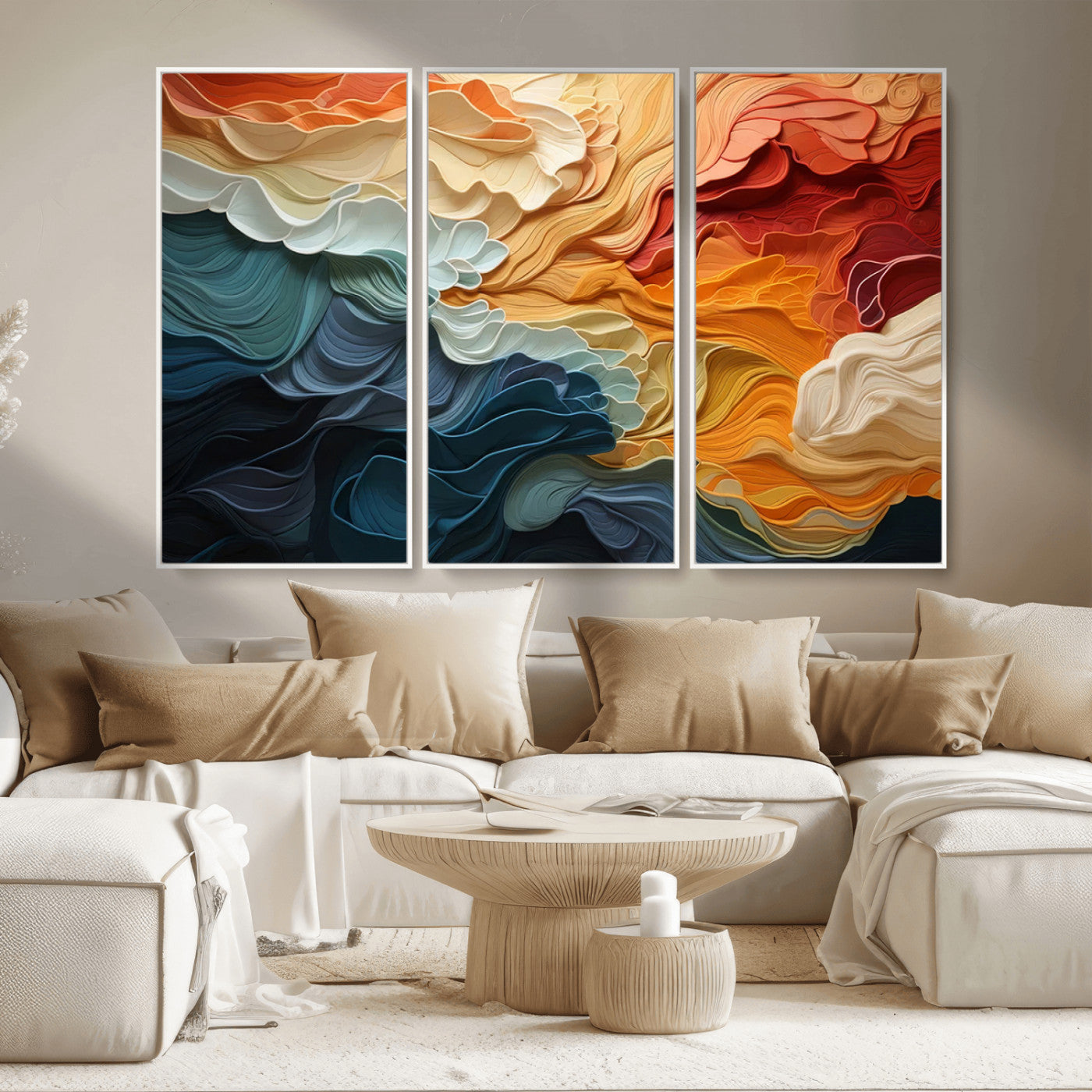 MGV-FC-48X32-3P - Blue Orange Abstract Wave Wall Art Canvas Print, Framed Blue Orange Wave Wall Art