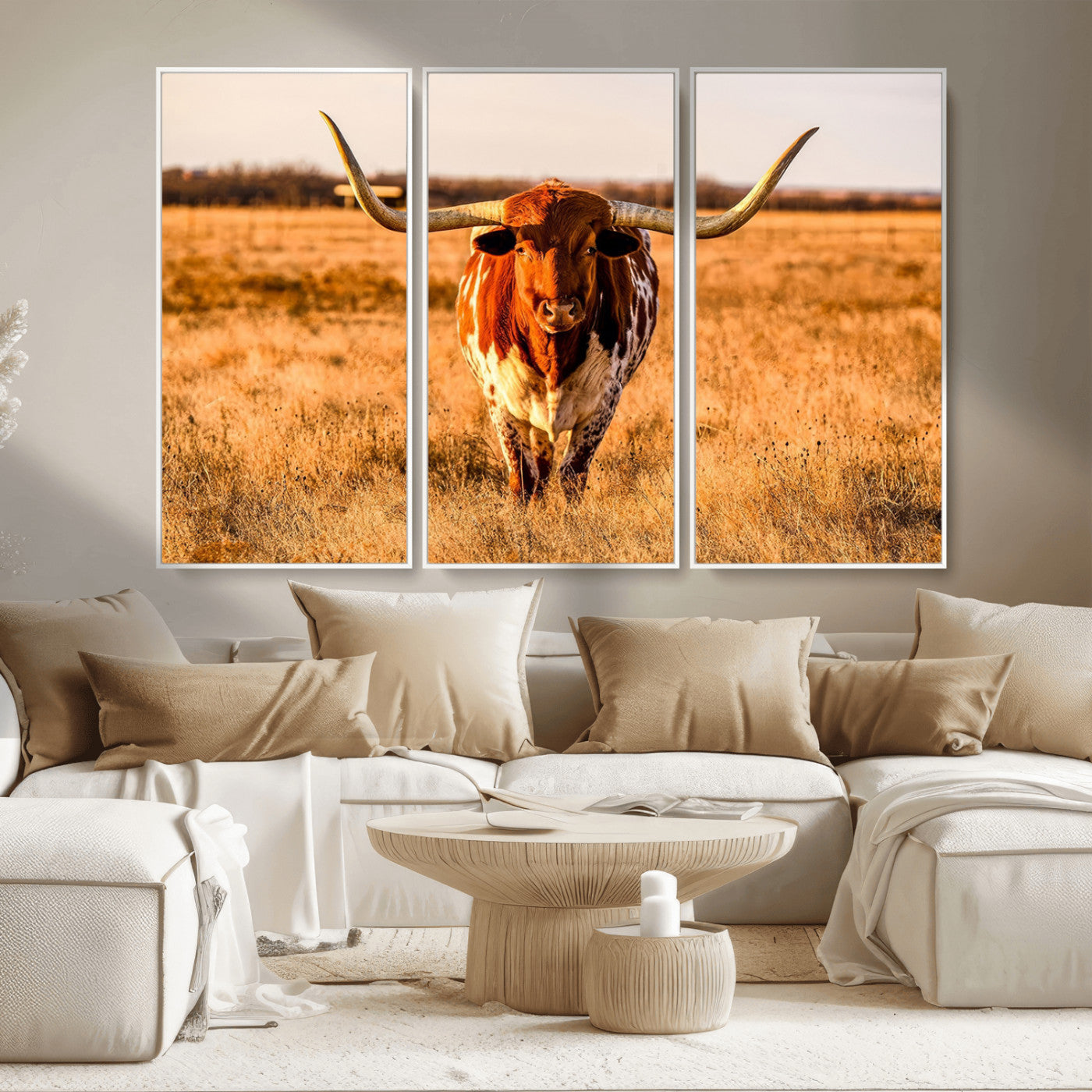 MGV-FC-48X32-3P - Longhorn Cow Wall Art | Ready to Hang Framed Canvas Print for Farmhouse and Barn Decor