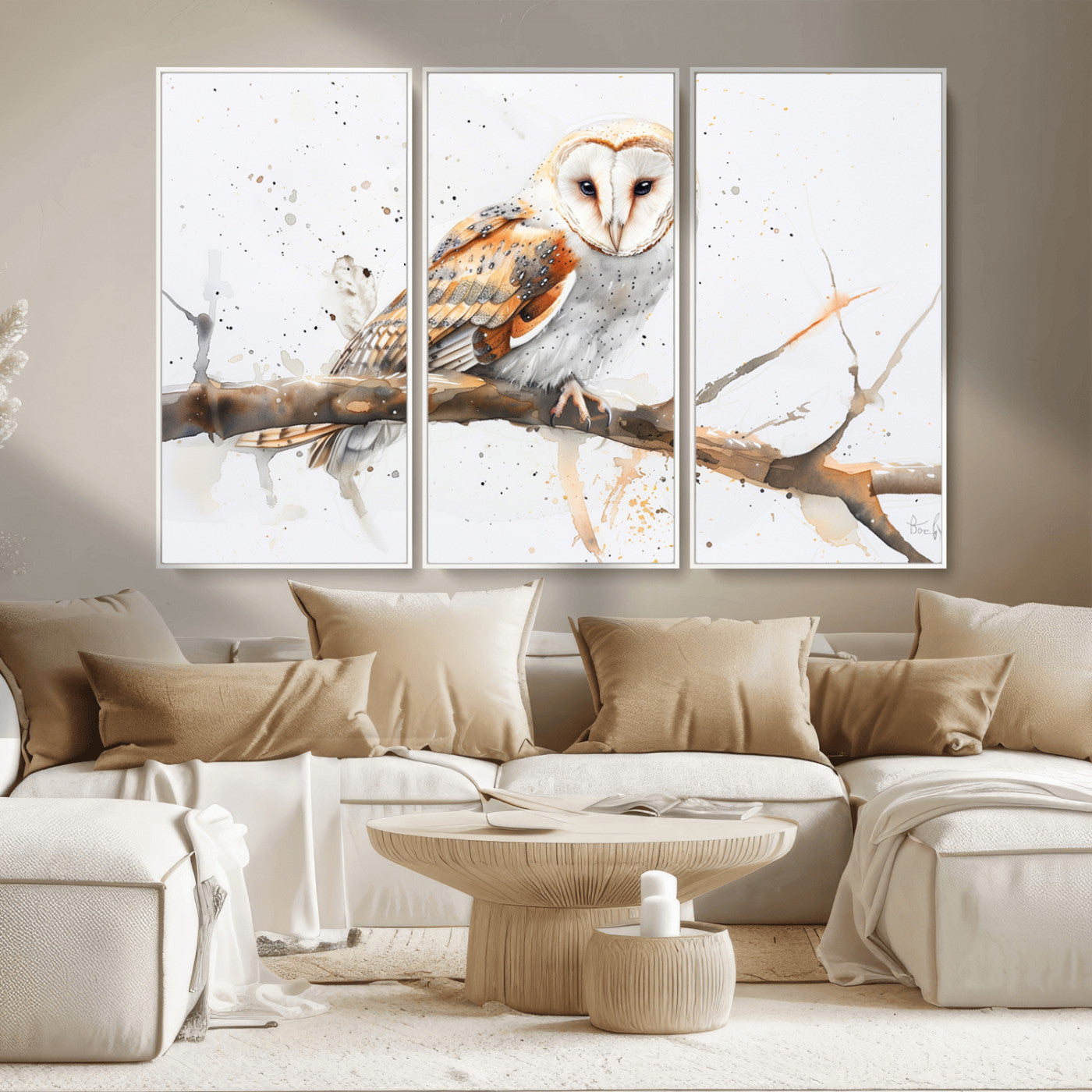 MGV-FC-48X32-3P - Barn Owl Wall Art on Branch | Stunning Canvas Print for Nature Lovers | Ready to Hang and Framed