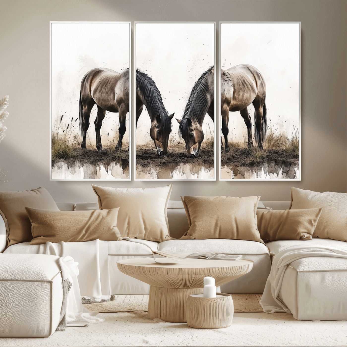 MGV-FC-48X32-3P - Chines Ink Style Horses Wall Art Canvas Print