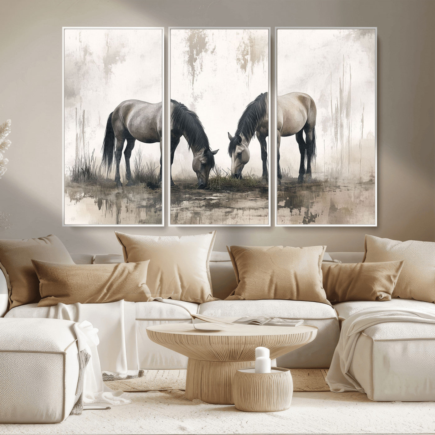 MGV-FC-48X32-3P - Chines Ink Style Vintage Horses Wall Art Canvas Print for Farmhouse Wall Decor