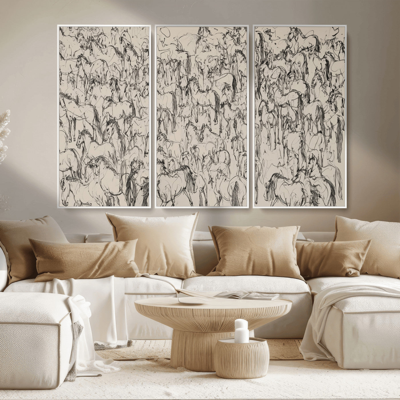 MGV-FC-48X32-3P - Abstract Horse Sketch Wall Art | Ready to Hang and Framed | Farmhouse Wall Decor for Living Room or