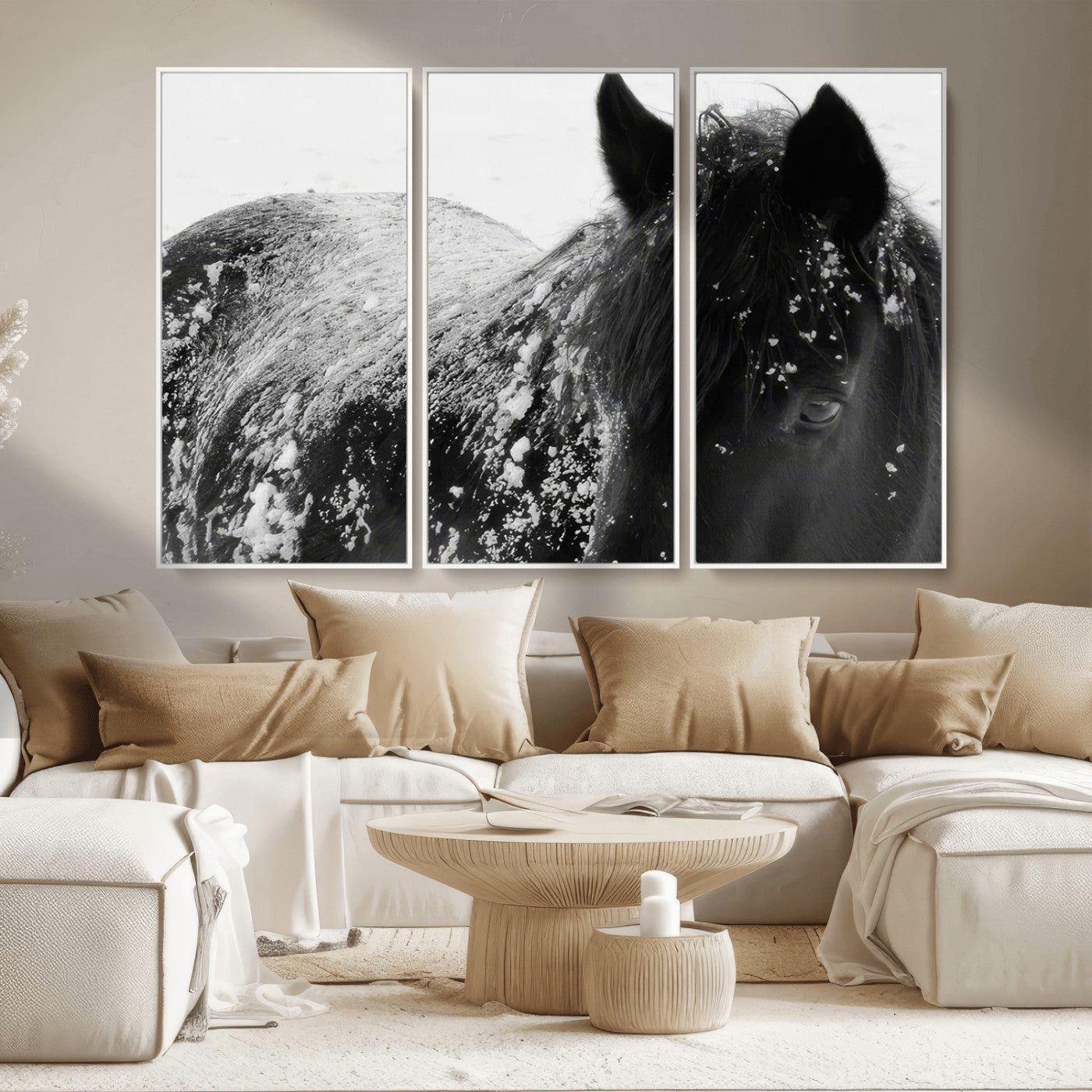 MGV-FC-48X32-3P - Black Horse in Snow Canvas Print | Winter Horse Wall Art | Ready to Hang and Framed | Farmhouse Wall