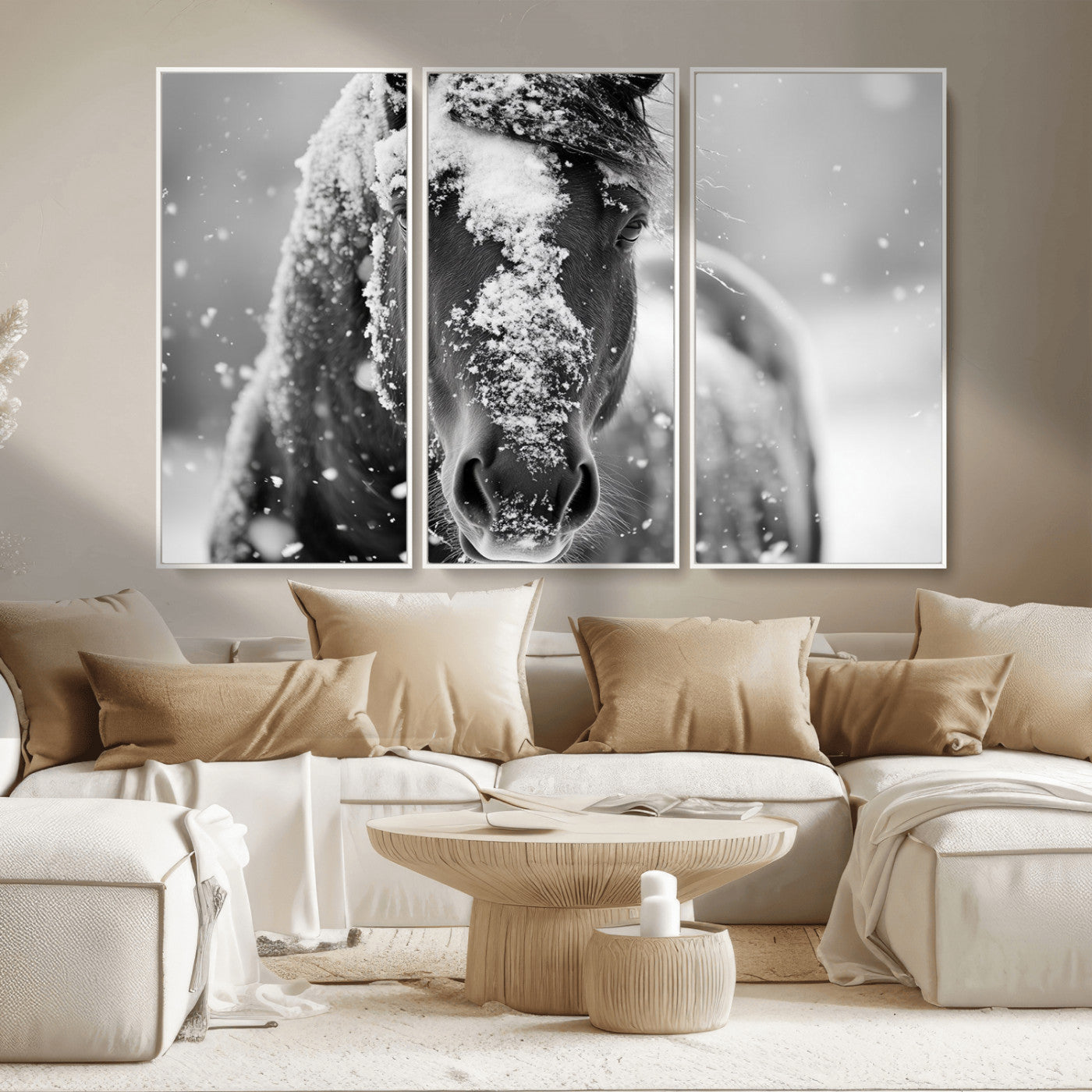 MGV-FC-48X32-3P - Black and White Horse Winter Wall Art | Ready to Hang and Framed | Farmhouse Wall Decor | Western