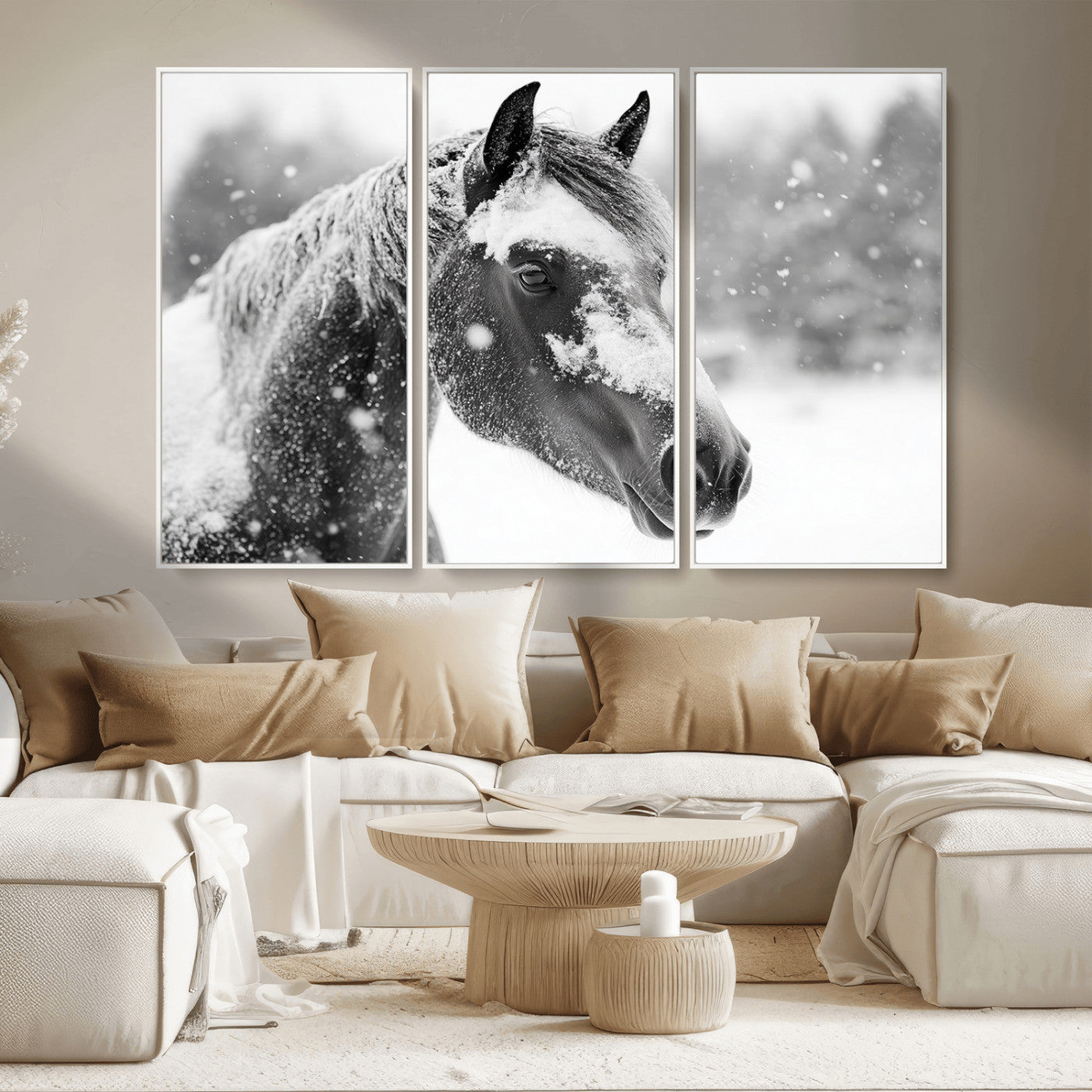 MGV-FC-48X32-3P - Black Horse Winter Wall Art | Ready to Hang and Framed | Farmhouse and Western Wall Decor for Living