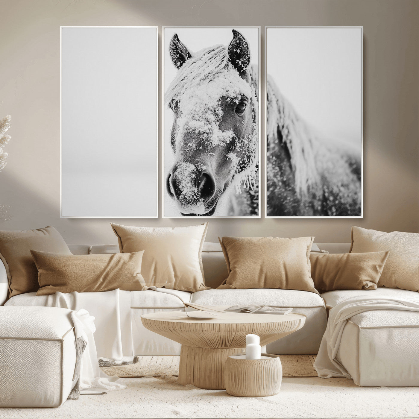 MGV-FC-48X32-3P - White Horse Wall Art | Ready to Hang and Framed | Winter Horse Wall Art Print for Farmhouse and