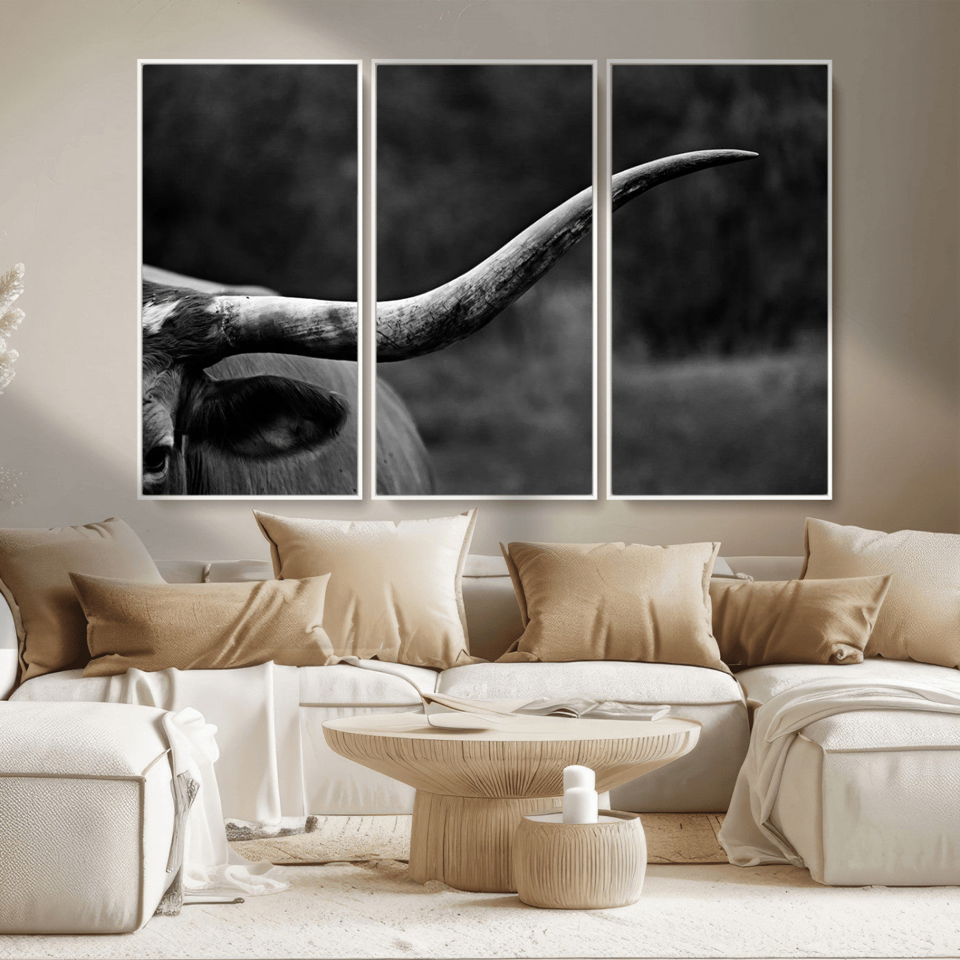 MGV-FC-48X32-3P - Cow Longhorn Wall Art | Black and White Print | Ready to Hang and Framed | Farmhouse Wall Decor |