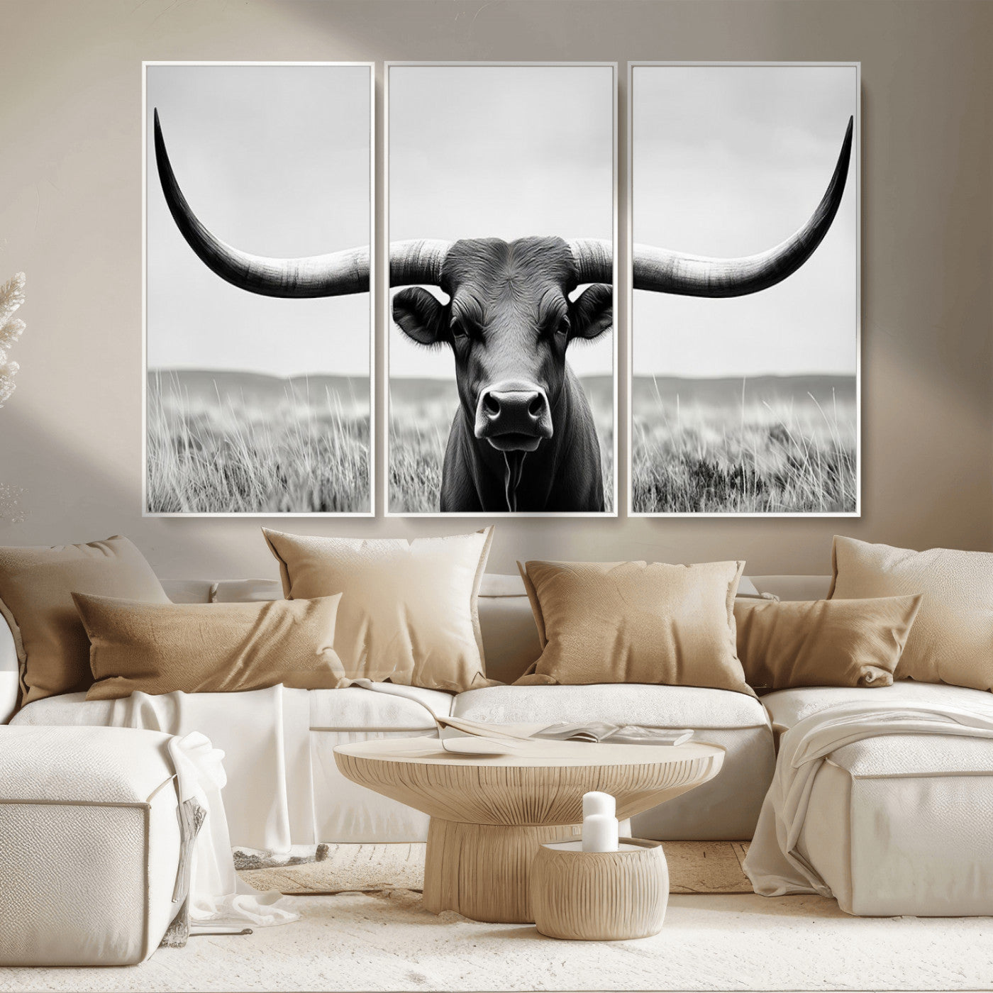 -Longhorn Bull Canvas Print | Rustic Farmhouse Wall Art | Western Decor | Ready to Hang and Framed