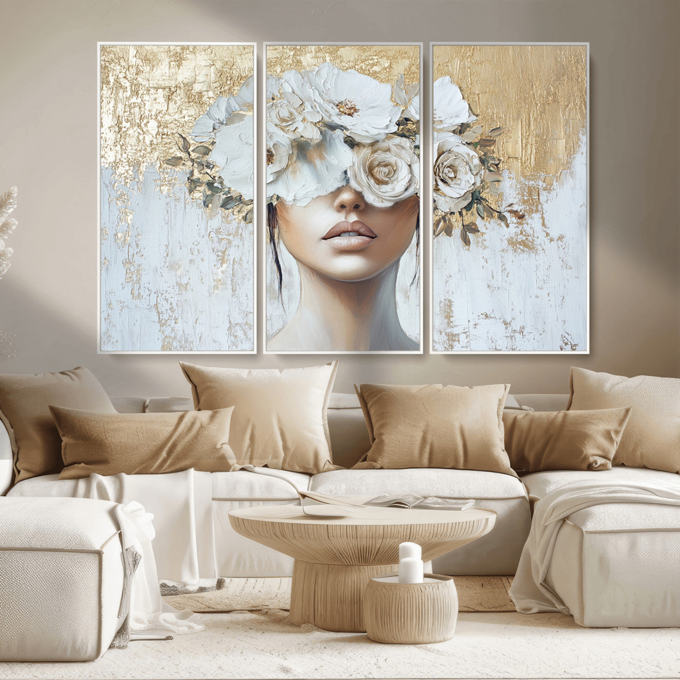 MGV-FC-48X32-3P - Golden Petal Wall Art - Canvas Print Flower Head Woman Painting Floral Woman Portrait Wall Decor,