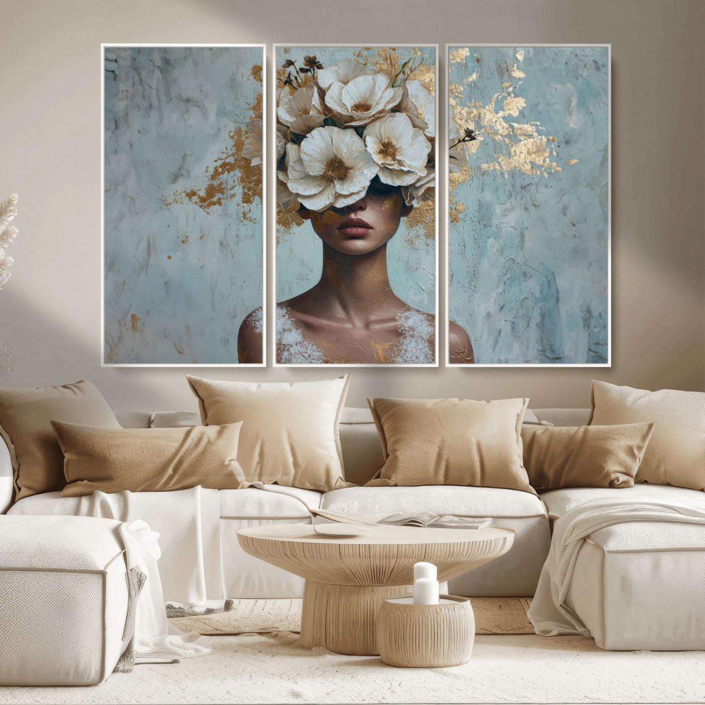 MGV-FC-48X32-3P - Golden Petal Wall Art - Petal Silhouette Woman Wall Art Canvas Print | Large 3-Panel Canvas with