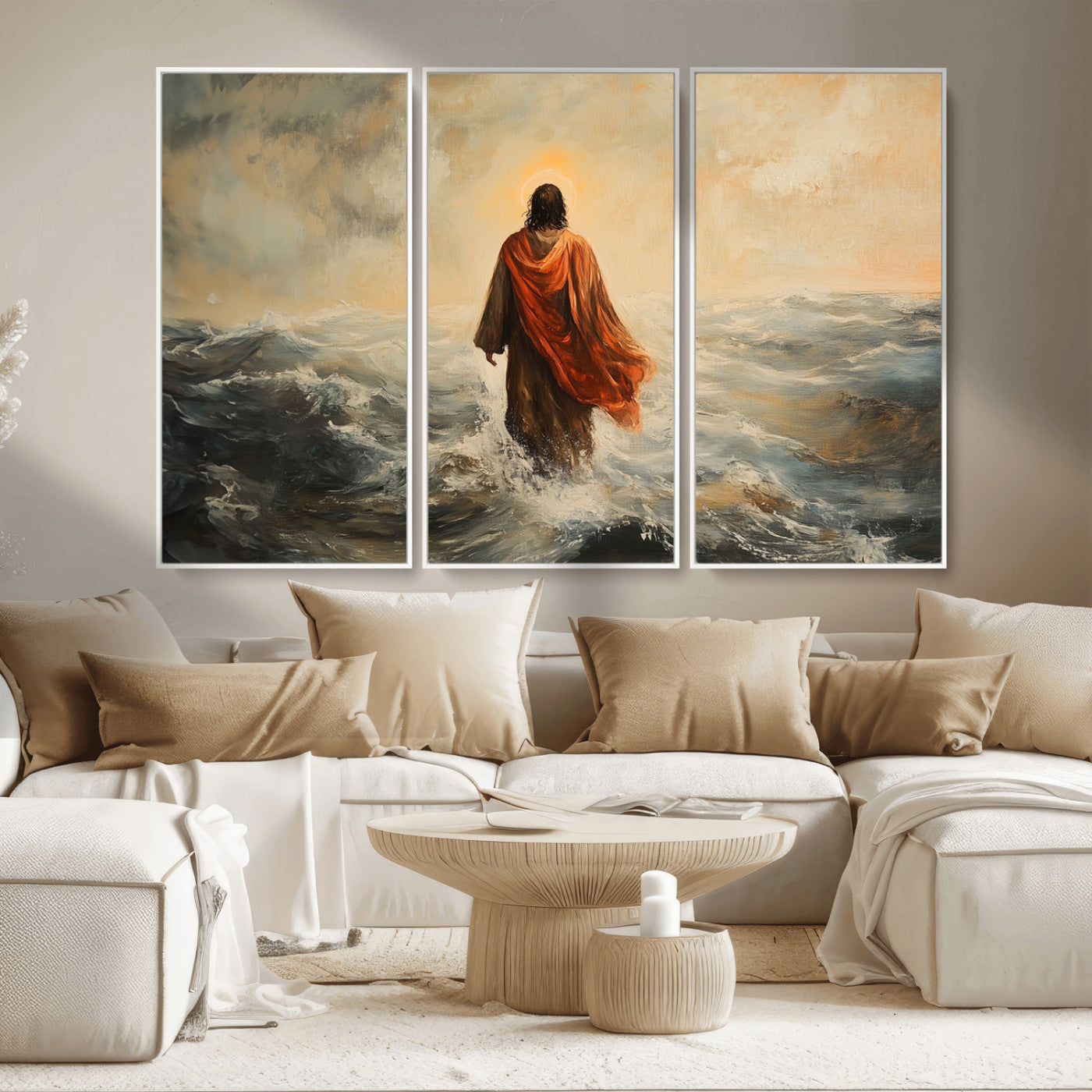 MGV-FC-48X32-3P - Jesus Walking on Water, Christian Wall Art, Jesus Christ Walking on Oil Painting Style Print