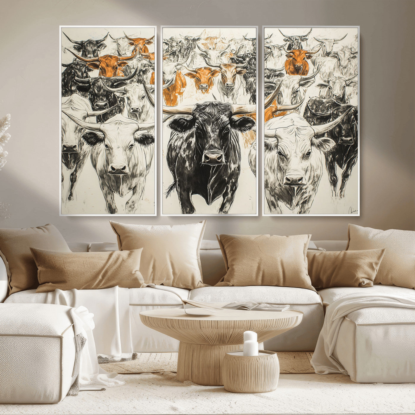 MGV-FC-48X32-3P - Texas Longhorn Wall Art - Herd Canvas Wall Art Print - Abstract Cow Drawing Wall Art Print for