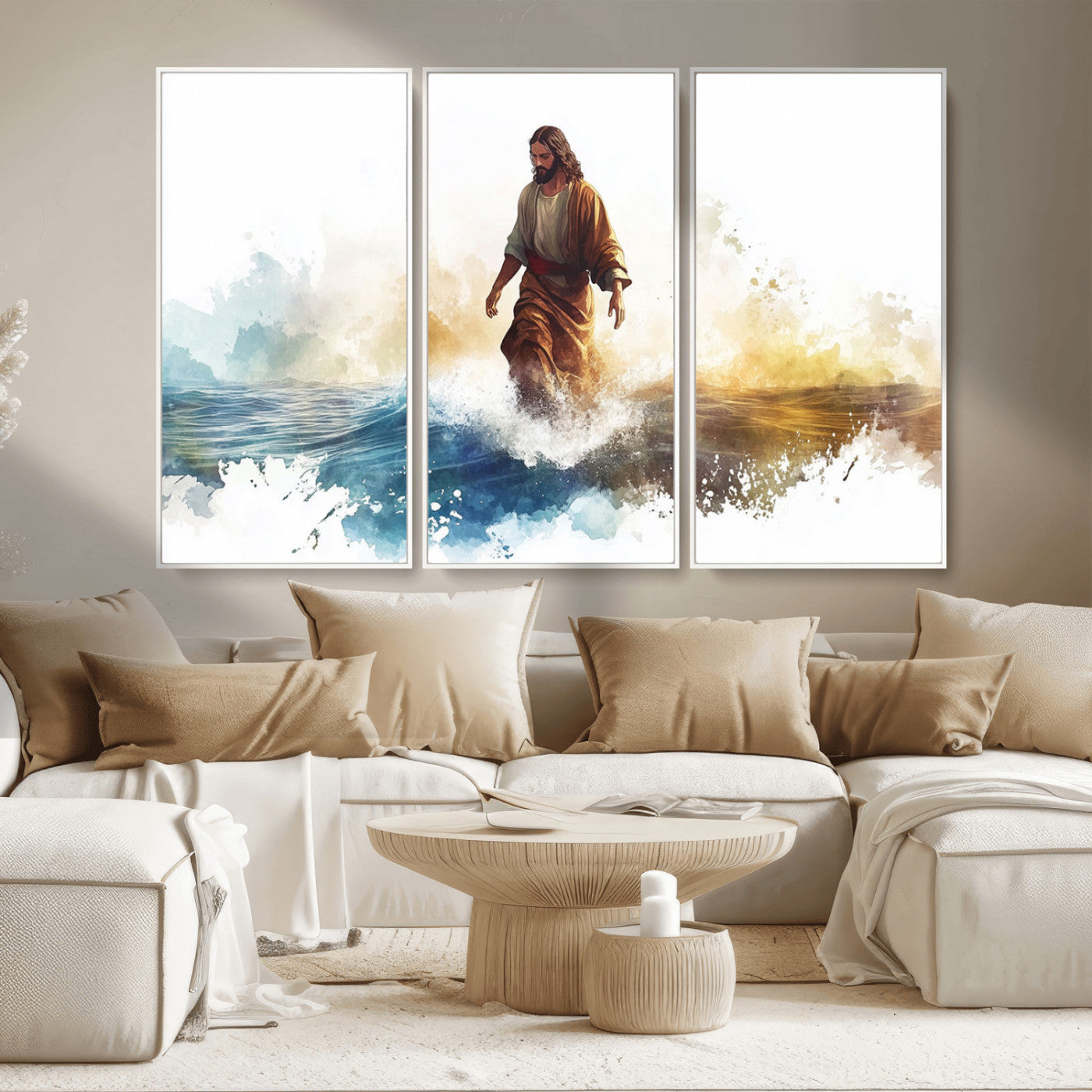 MGV-FC-48X32-3P - Watercolor Jesus Walking Wall Art Print, Jesus Water Canvas Print, Christian Wall Art, Jesus Christ