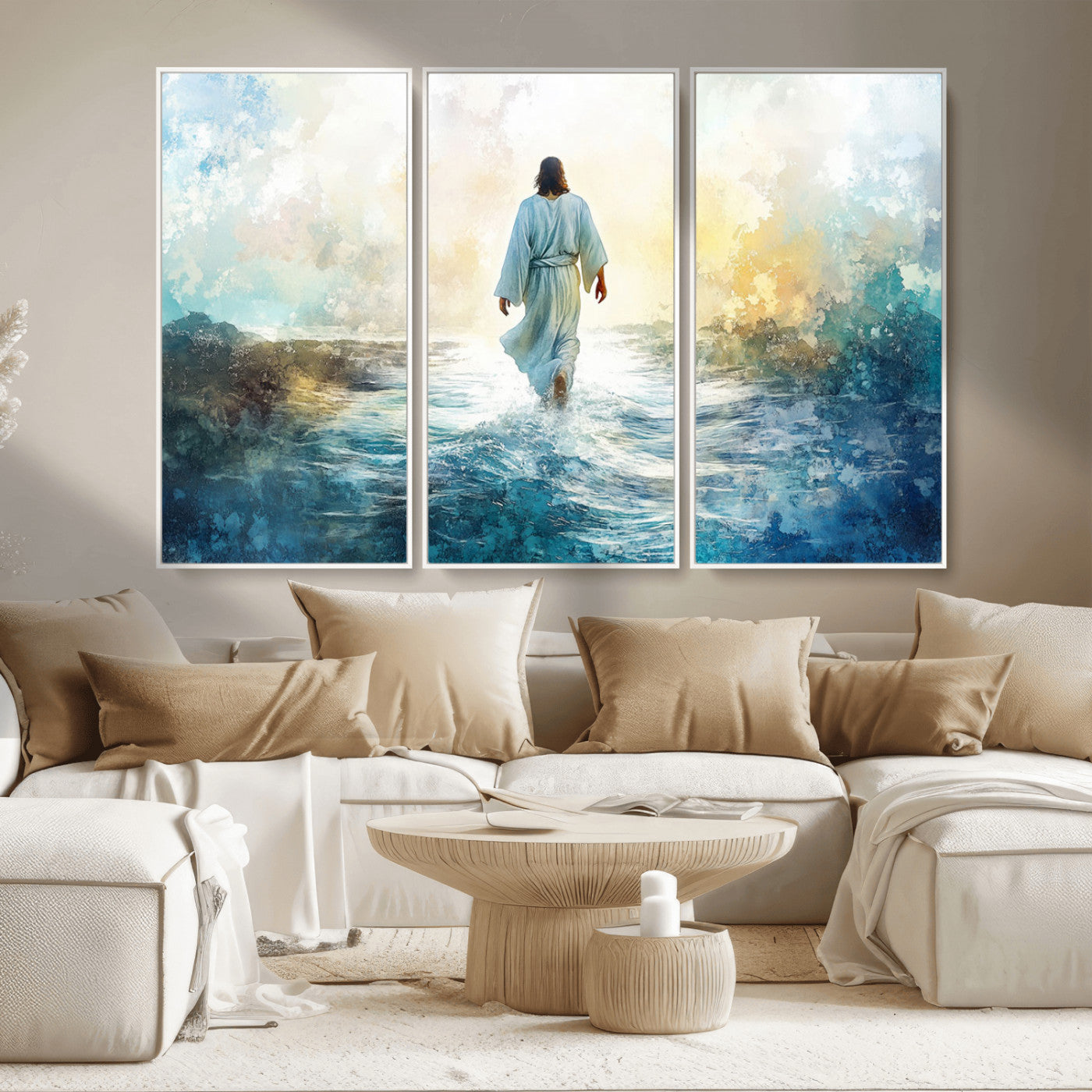 MGV-FC-48X32-3P - Watercolor Jesus Walking on Water Canvas Print, Christian Wall Art, Jesus Christ Walking