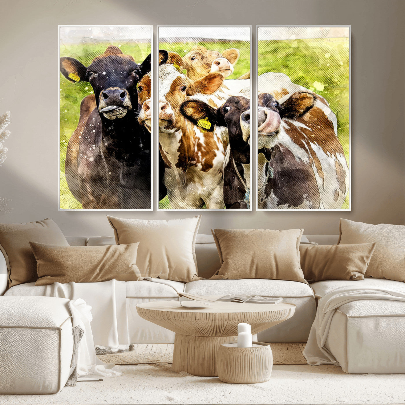 MGV-FC-48X32-3P - Curious Cows Farmhouse Wall Art | Ready to Hang and Framed Canvas Print | Rustic Farm Decor