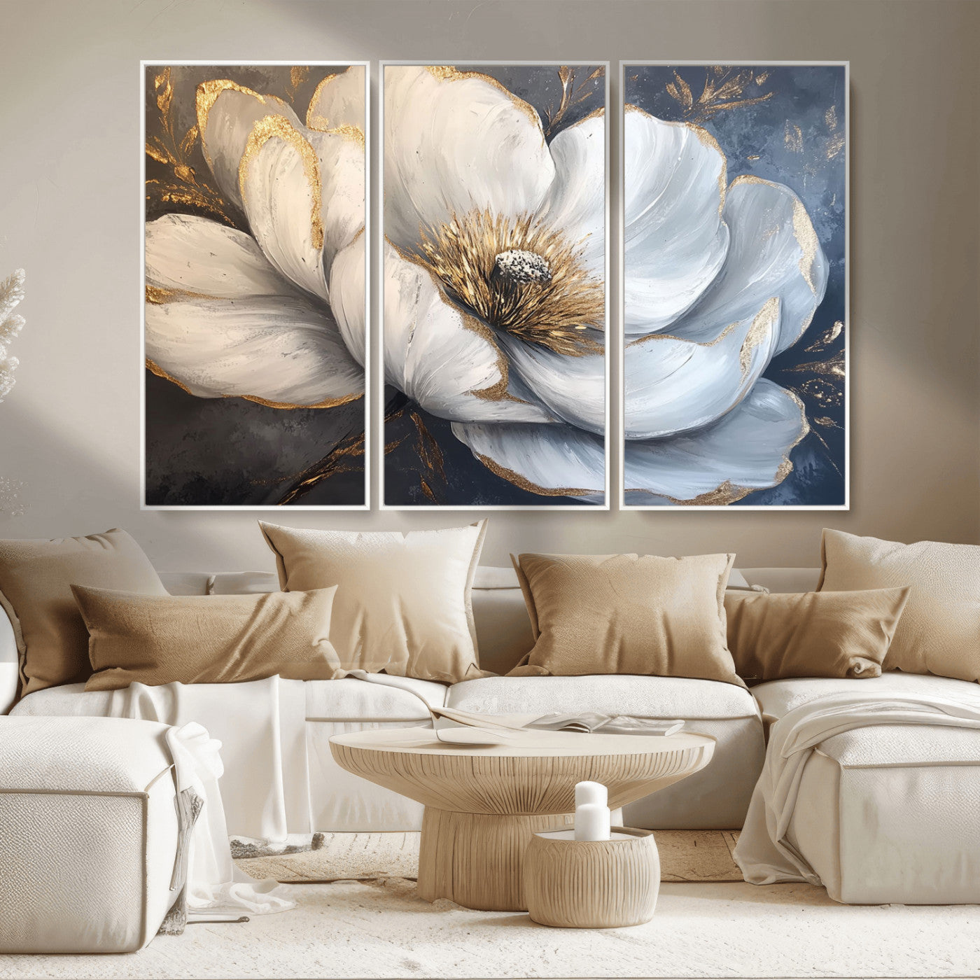 MGV-FC-48X32-3P - White Magnolia Flower Wall Art Canvas Print | Abstract Floral Wall Decor | Elegant Bloom Artwork |