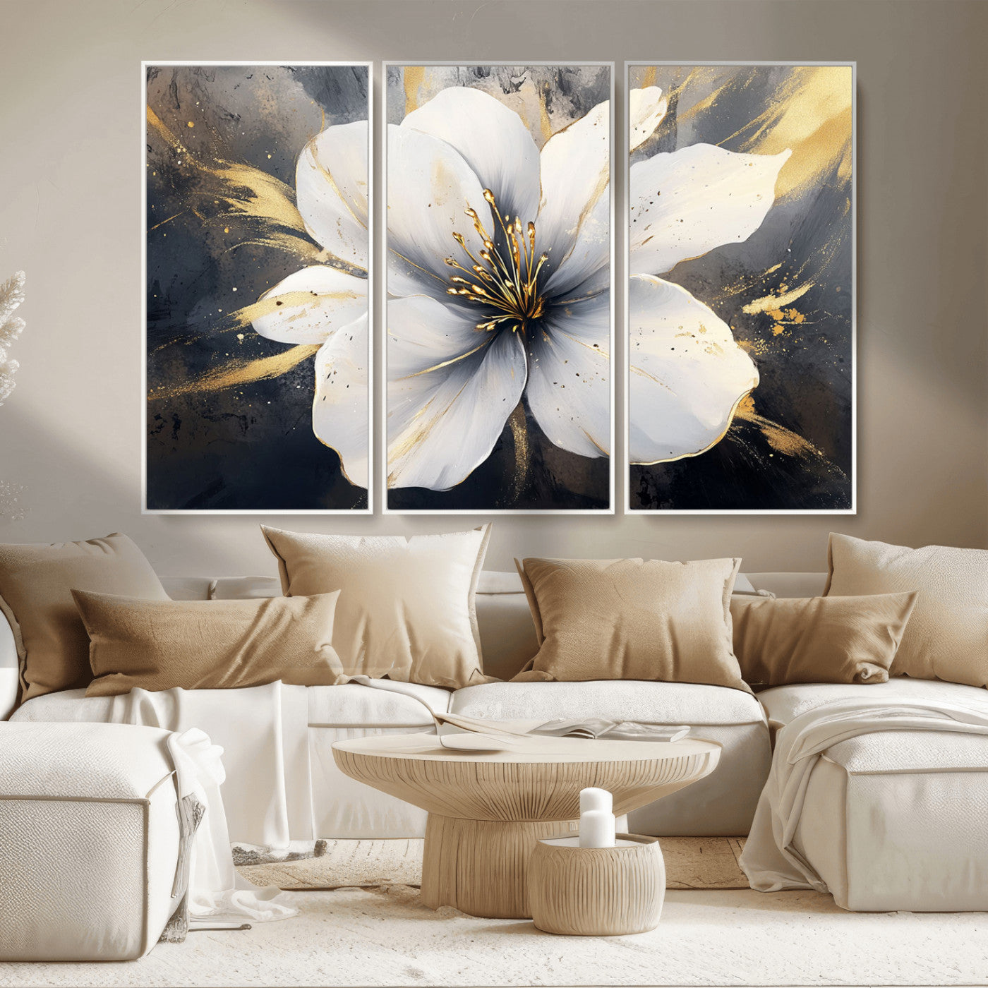 MGV-FC-48X32-3P - White Flower Wall Art Canvas Print | Ready to Hang | Abstract Floral Wall Decor | Elegant Bloom
