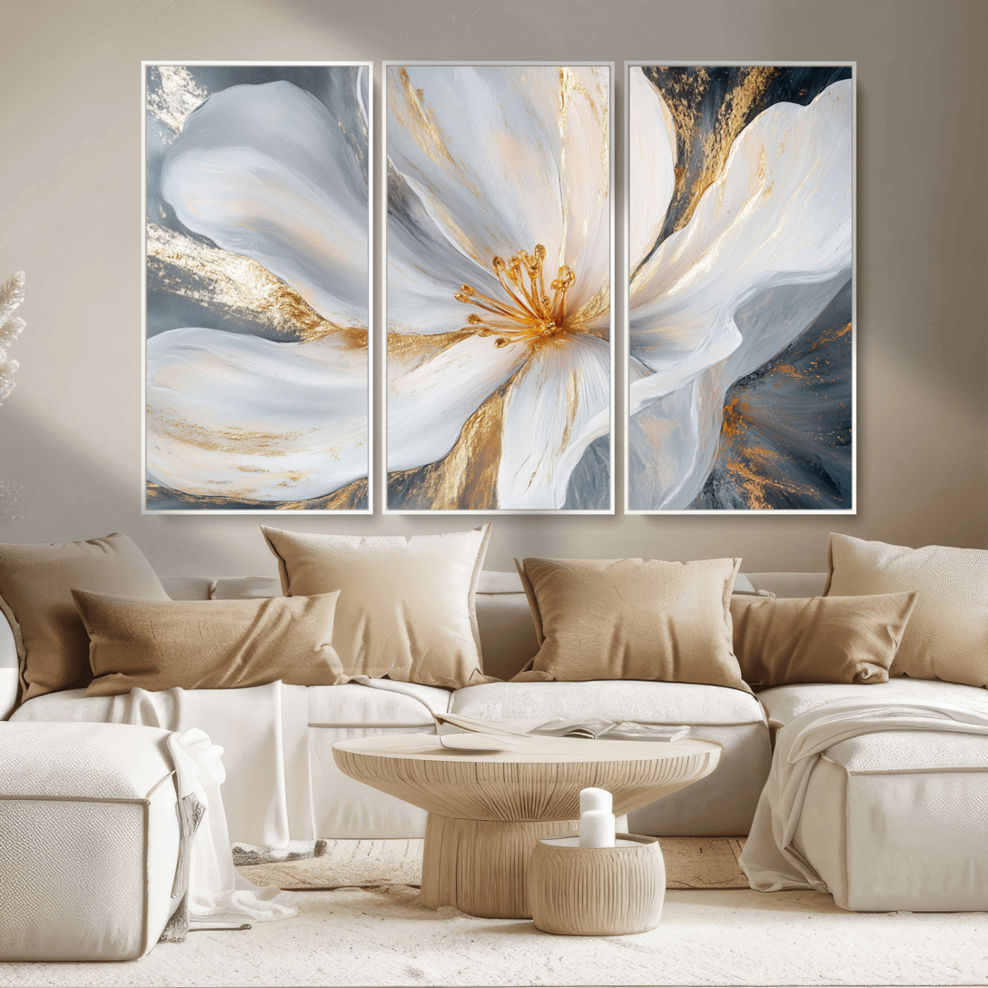 MGV-FC-48X32-3P - White and Gold Floral Canvas Wall Art - Framed and Ready to Hang - Perfect for Modern Living Rooms