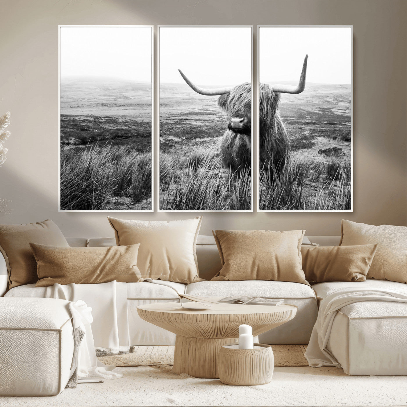 MGV-FC-48X32-3P - Scottish Highland Cow Wall Art | Black and White Canvas Print | Ready to Hang and Framed | Rustic