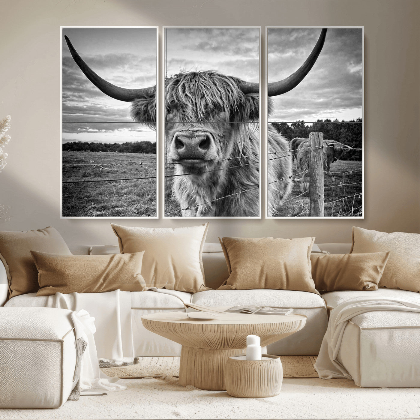 MGV-FC-48X32-3P - Scottish Highland Cow Wall Art Canvas Print | Ready to Hang and Framed | Rustic Farmhouse Decor