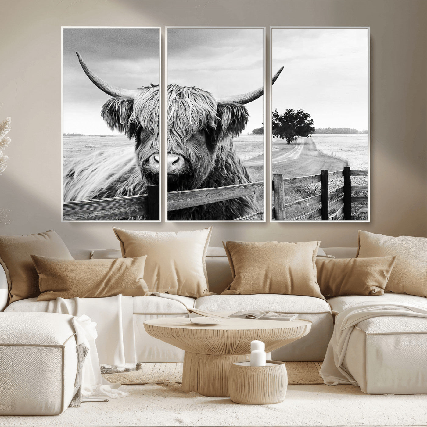 MGV-FC-48X32-3P - Scottish Highland Cow Wall Art | Rustic Farmhouse Décor | Black and White Ready to Hang Canvas Print
