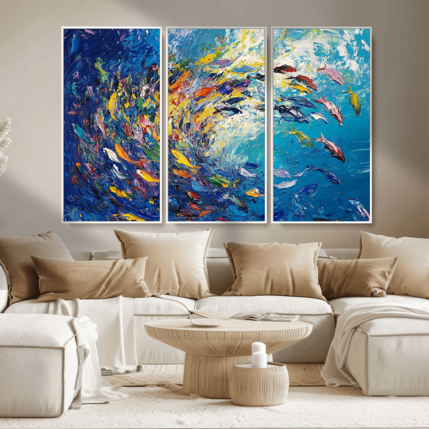 MGV-FC-48X32-3P - Colorful Swirling Fish School Wall Art Canvas Print | Oceanic Abstract Painting | Ready to Hang |