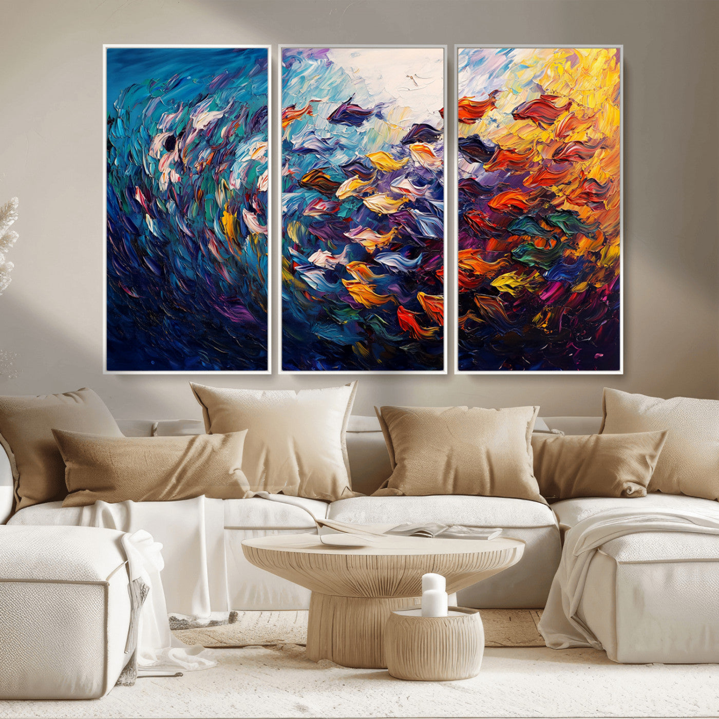 MGV-FC-48X32-3P - Vibrant Abstract Fish Swarm Art – Colorful Fish Inspired 3-Piece Canvas Wall Art for Living Room or