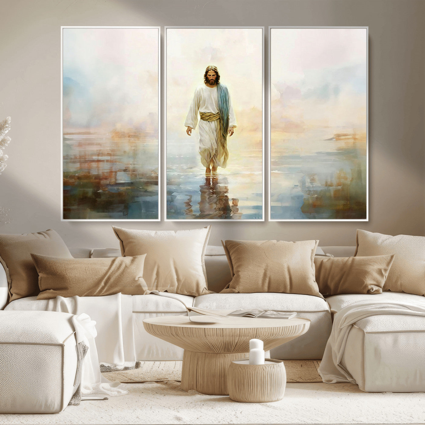 MGV-FC-48X32-3P - Framed Jesus Walking on Water Wall Art - 3-Panel Christian Canvas Prints, Religious Artwork for