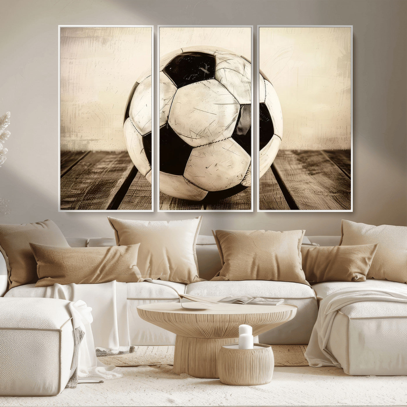 MGV-FC-48X32-3P - Vintage Soccer Ball Wall Decor Canvas Art – 3-Panel Soccer Wall Decor, Framed and Ready to Hang