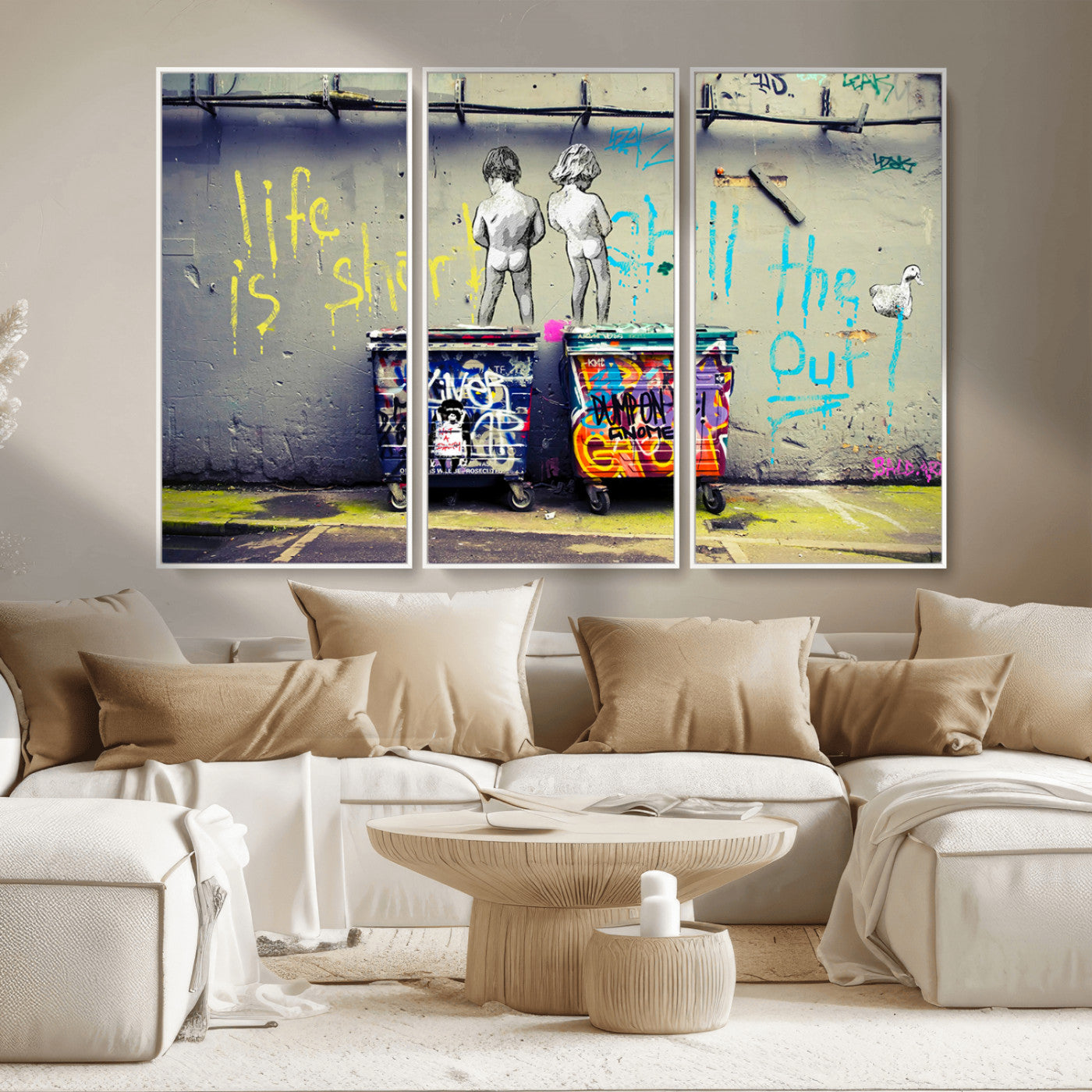 MGV-FC-48X32-3P - Banksy Life is Short Wall Art - Iconic Graffiti Art on Framed Ready-to-Hang Canvas - Street Art