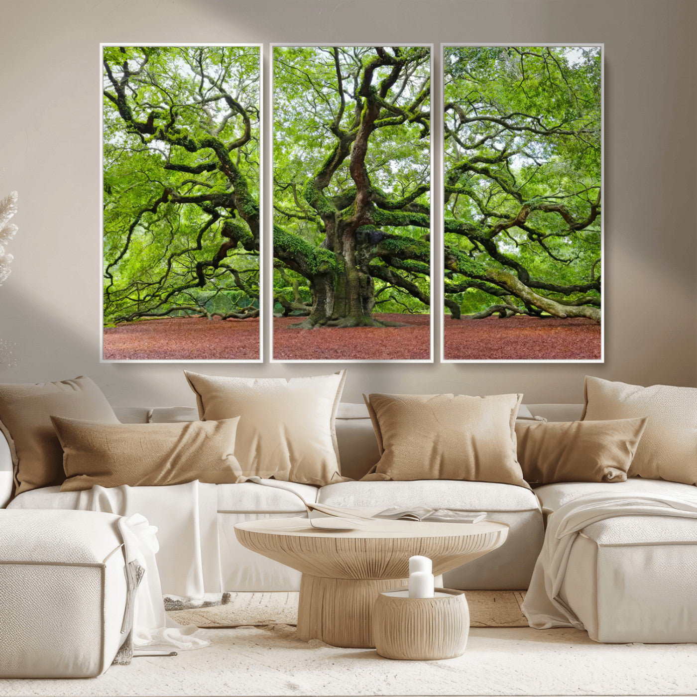 MGV-FC-48X32-3P - Framed Angel Oak Tree Wall Art - 3-Panel Canvas Prints, Large Green Nature Artwork, Ready to Hang