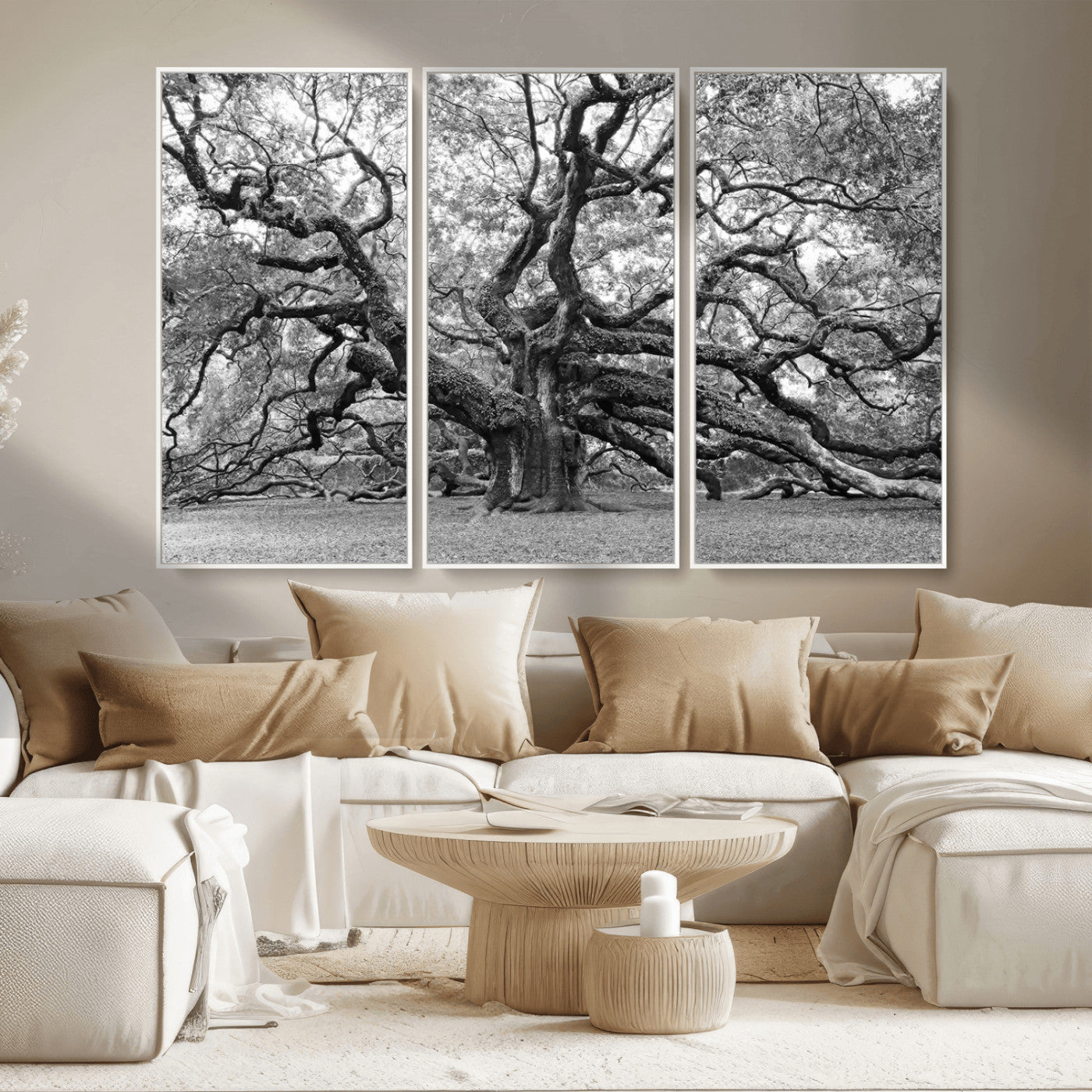 MGV-FC-48X32-3P - Black White Angel Oak Tree Wall Art - Timeless Nature-Inspired Canvas for Rustic, Modern, or