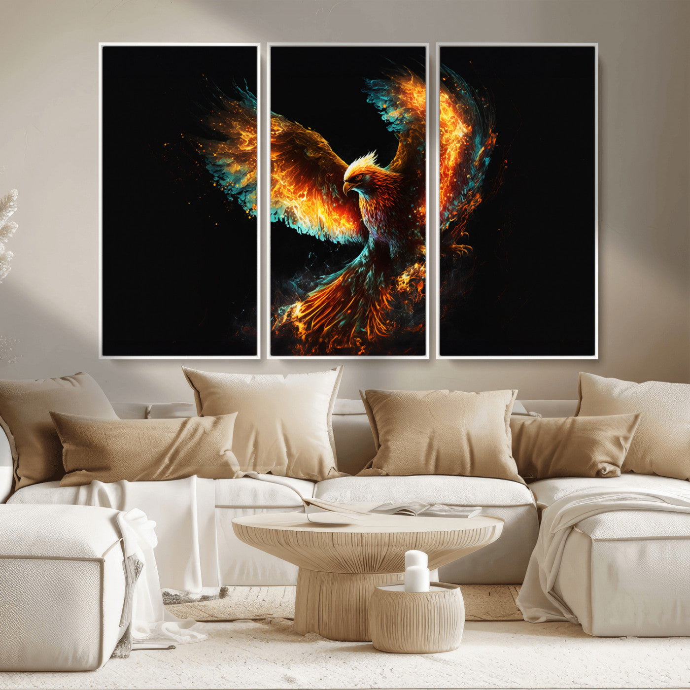 MGV-FC-48X32-3P - Fiery Phoenix Canvas Print | Ready to Hang Wall Art | Bold Fantasy Decor for Living Room | Majestic