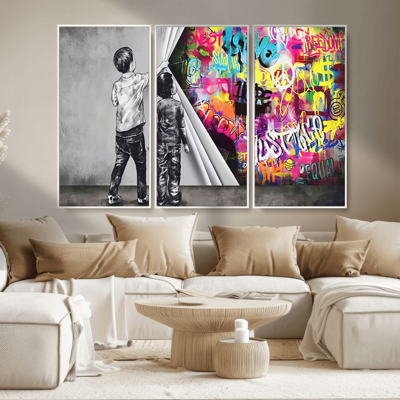 MGV-FC-48X32-3P - Banksy Print - Street Art Canvas Wall Art - Kids Revealing Graffiti, Urban Modern Decor for Living