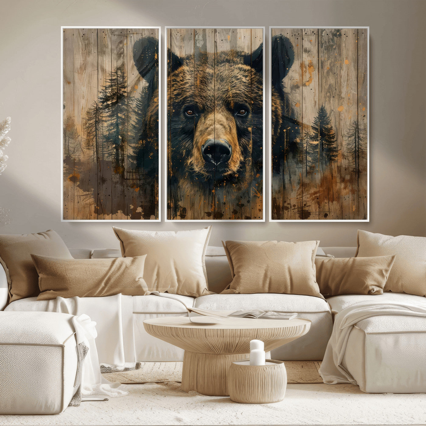 MGV-FC-48X32-3P - Abstract 399 Bear Wall Art | Rustic Cabin Wall Decor with Forest Design | Framed and Ready to Hang |