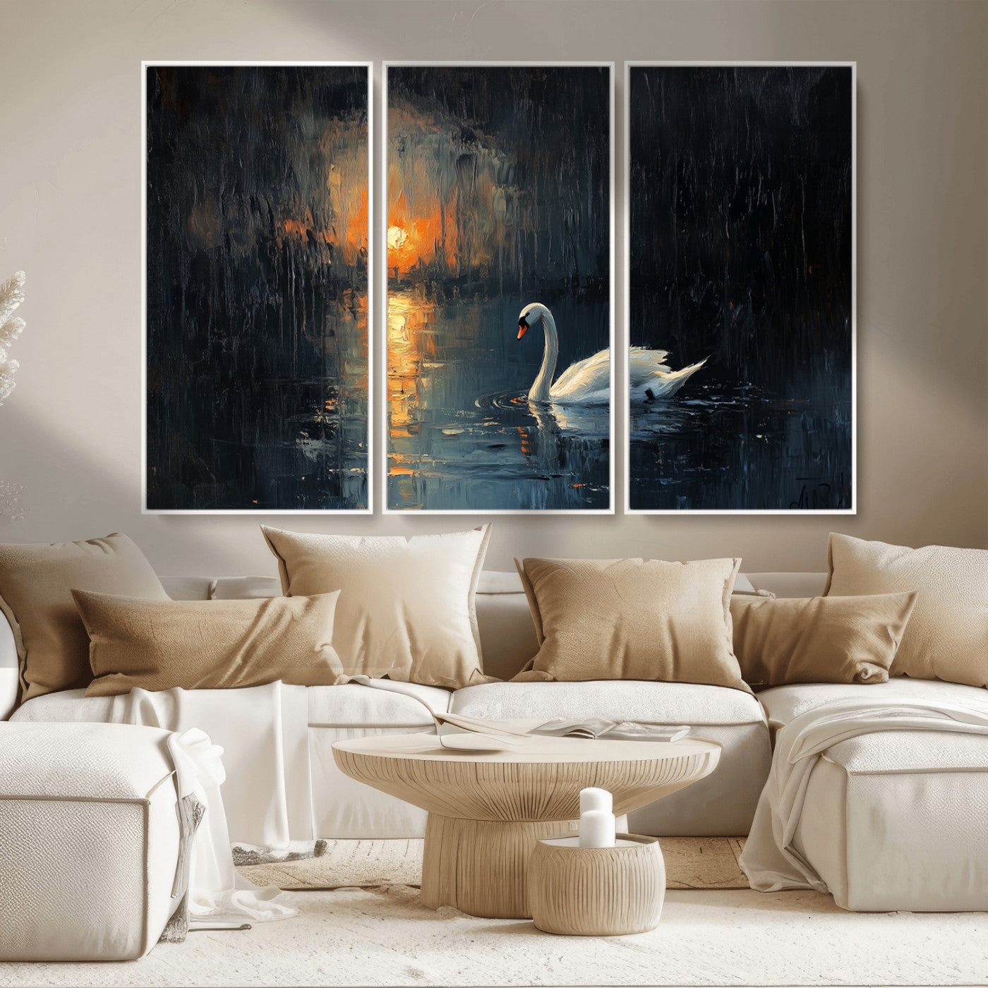 MGV-FC-48X32-3P - Abstract Swan on Water Wall Art Canvas Print - Elegant Nature Scene for Modern Home Decor