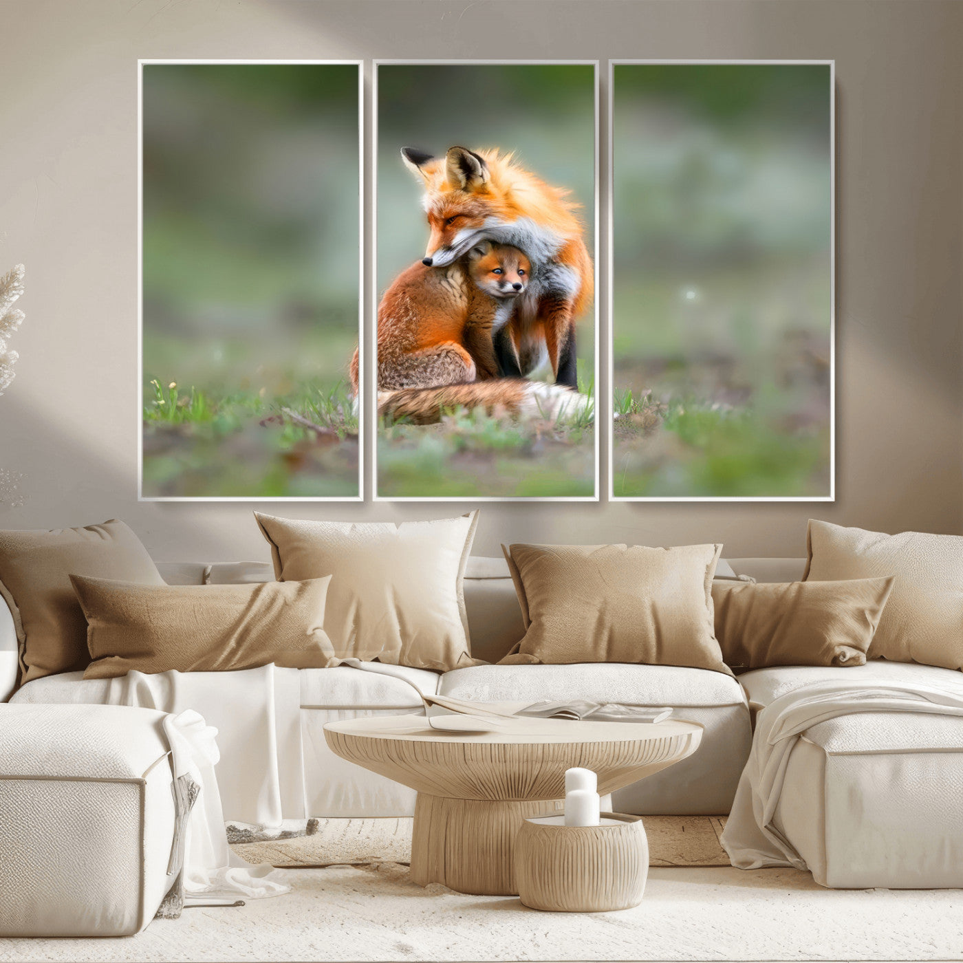 MGV-FC-48X32-3P - Heartwarming Fox and Baby Cub Wall Art | Ready to Hang Canvas Print of Foxes in Nature | Perfect for