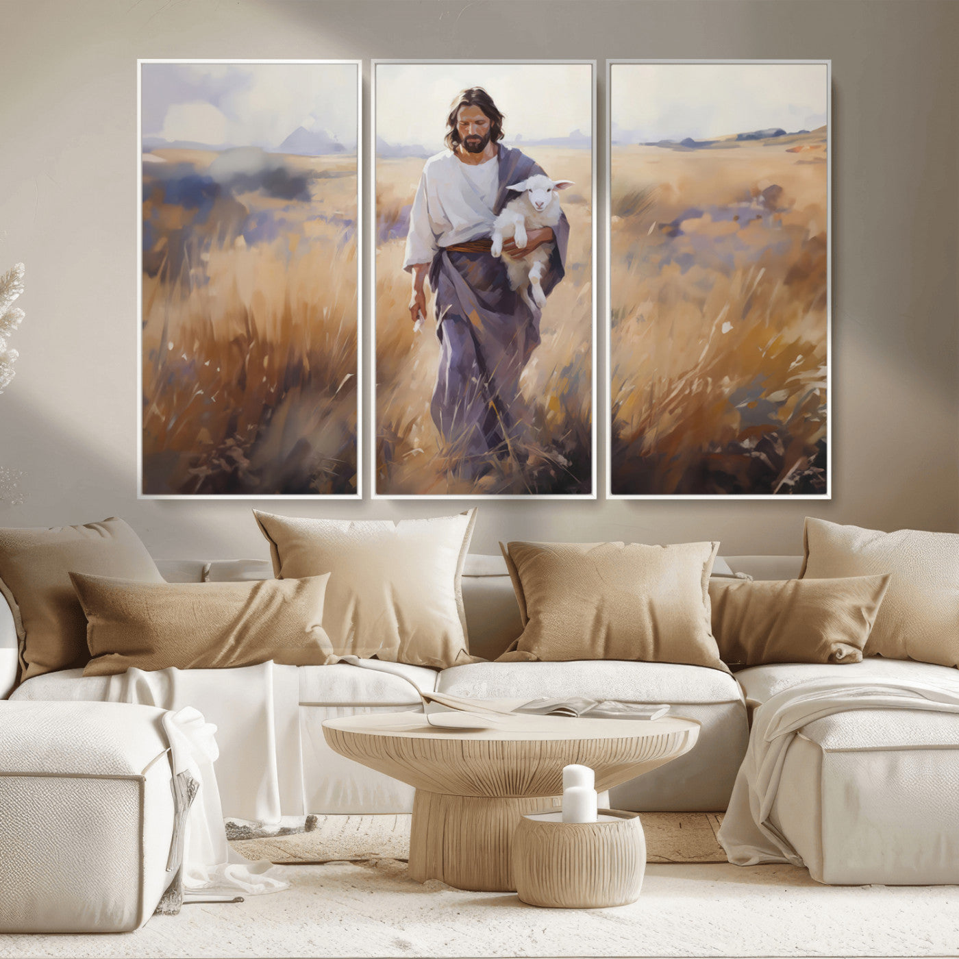 MGV-FC-48X32-3P - Jesus the Good Shepherd Wall Art Canvas Print - Lost Lamb Print for Prayer Room Decor
