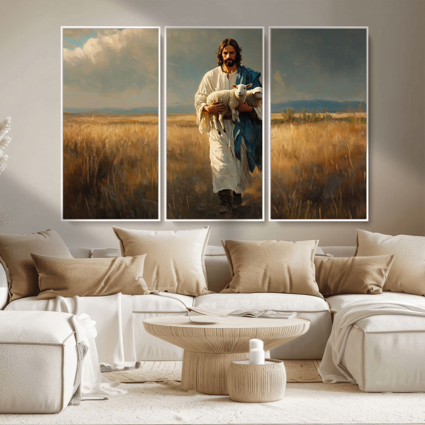 MGV-FC-48X32-3P - Jesus Shepherd Wall Art | Ready to Hang Triptych Canvas of Jesus Holding a Lamb in a Field |