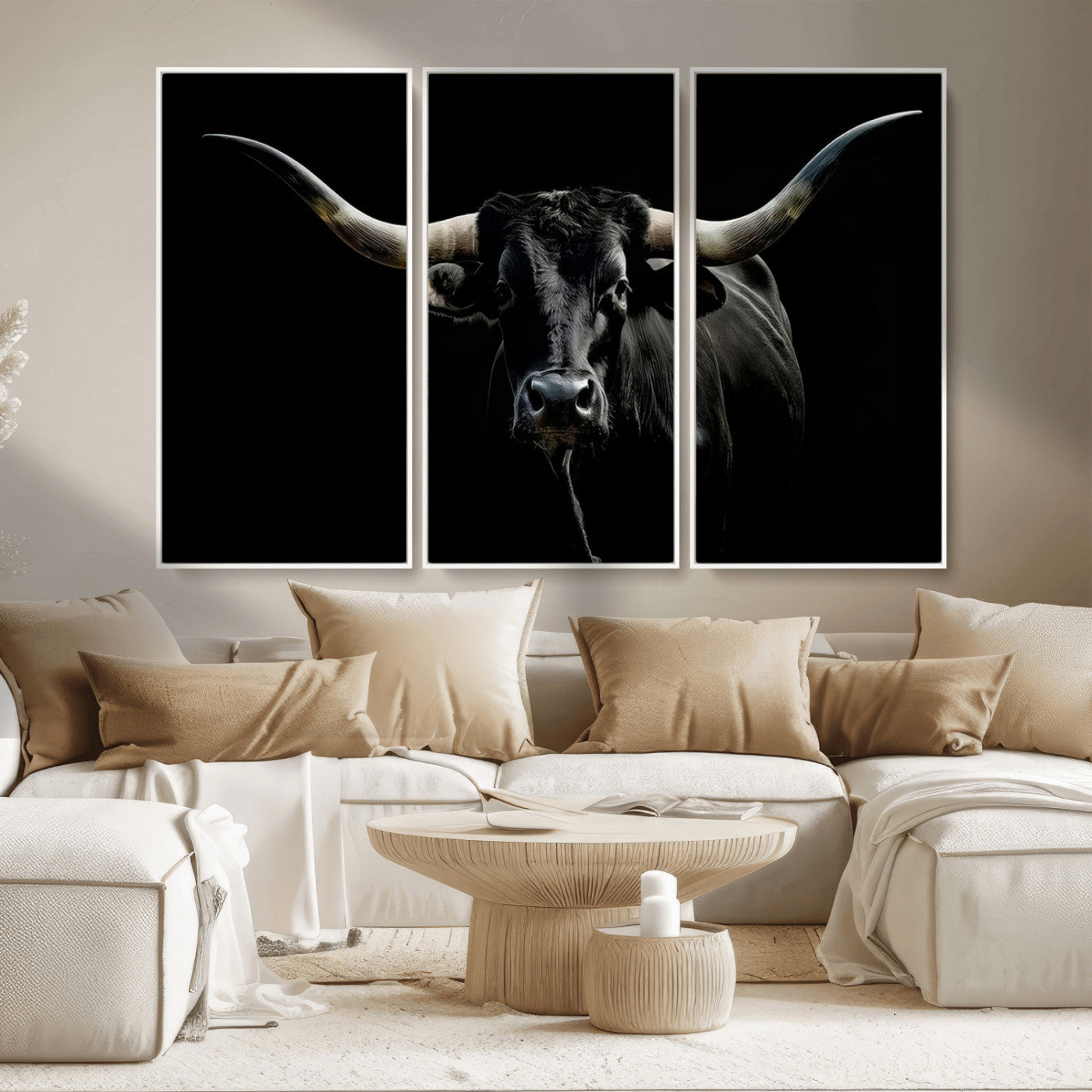 MGV-FC-48X32-3P - Texas Black Longhorn Bull Wall Art Canvas Print - Western Texas Cattle Rustic Decor Print - Longhorn