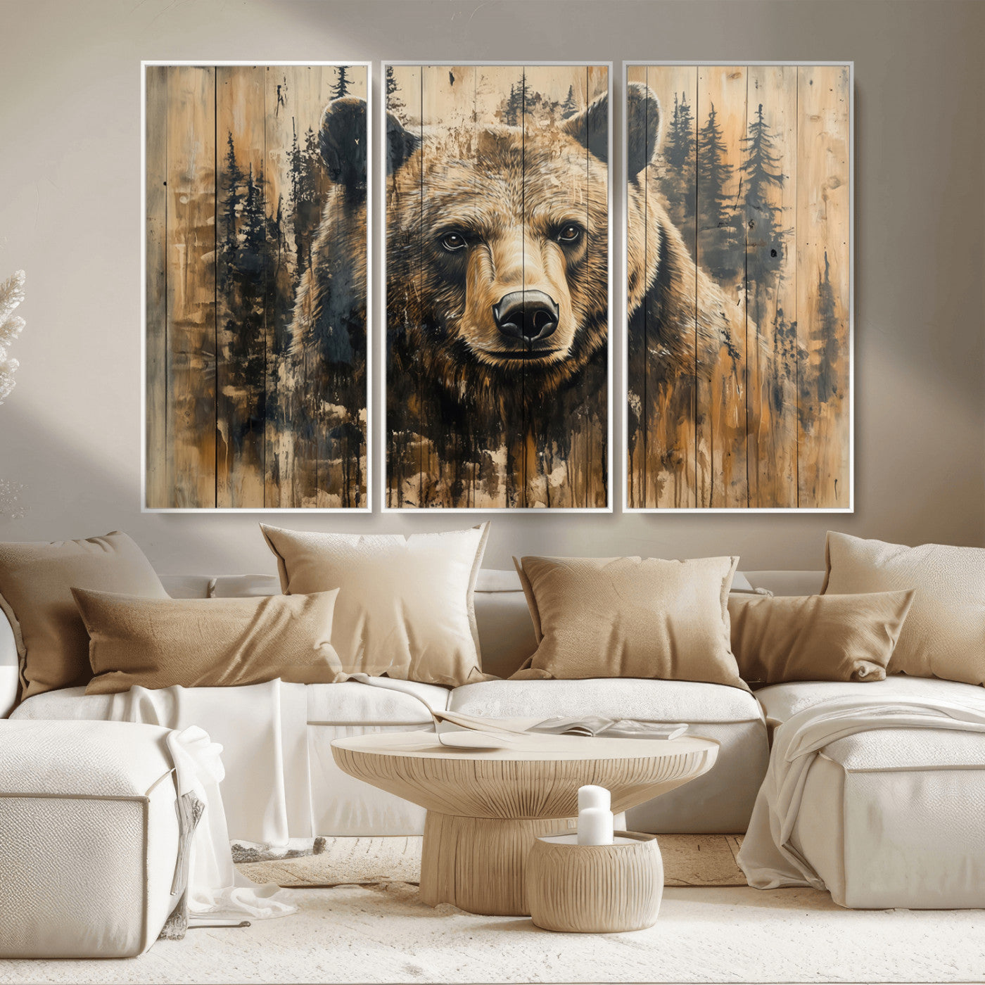 MGV-FC-48X32-3P - Majestic Grizzly 399 Bear Wall Art | 3-Panel Rustic Canvas Print for Living Room, Office, or Cabin