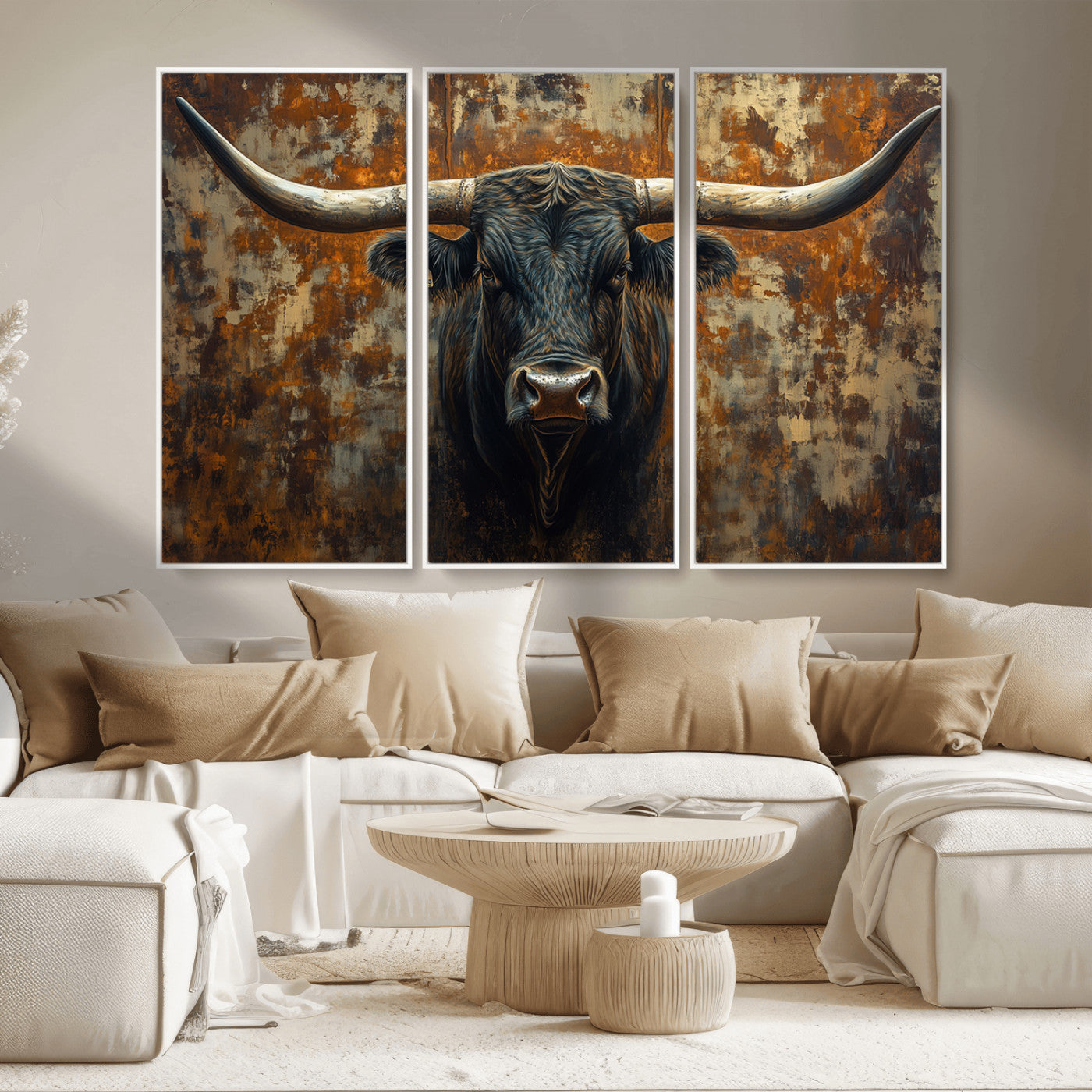 MGV-FC-48X32-3P - Longhorn Texas Cow Bull Wall Art | Rustic Farmhouse Canvas Print | Ready to Hang Barn Decor for
