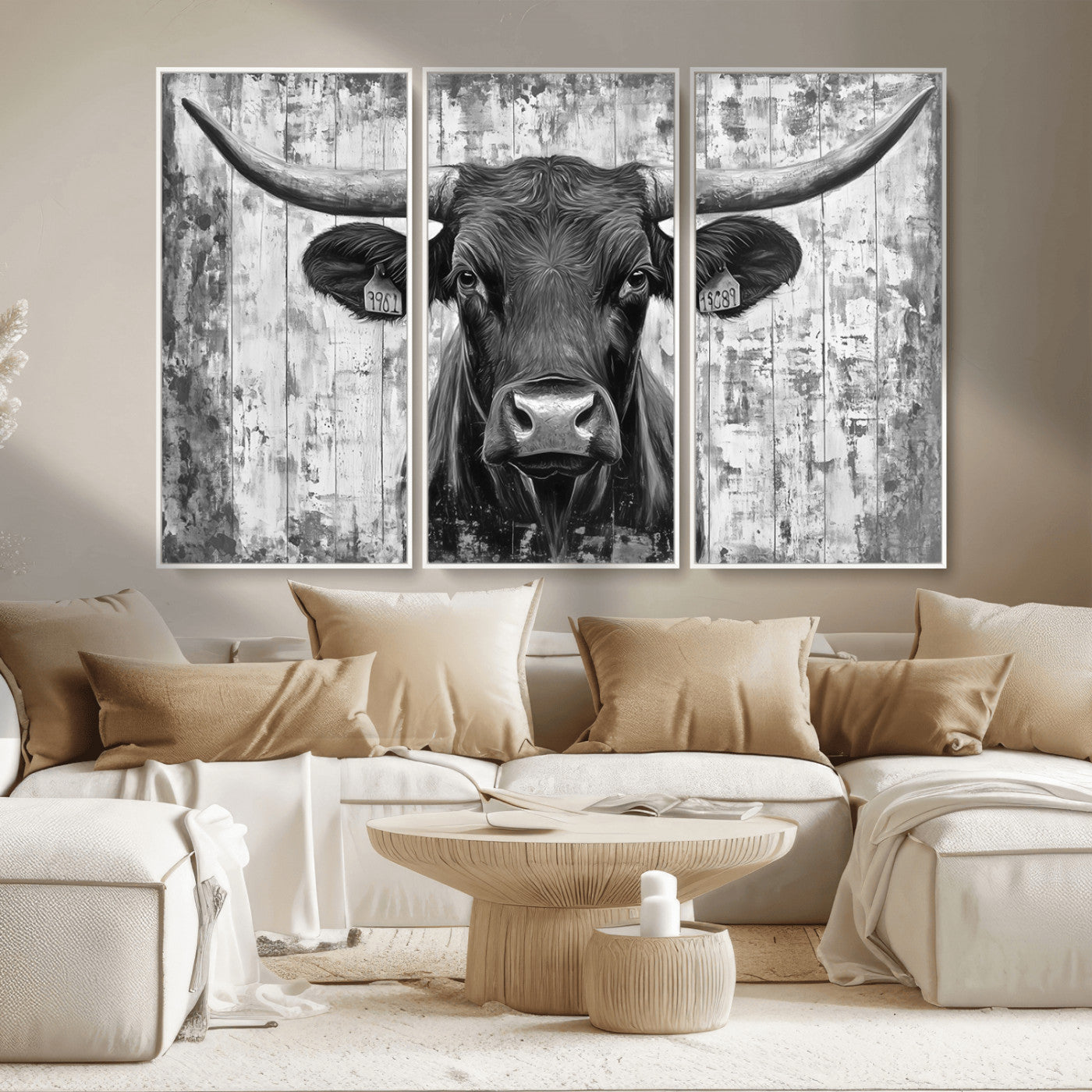 MGV-FC-48X32-3P - Abstract Longhorn Bull Wall Art Canvas Print - Rustic Texas Western Cow Artwork